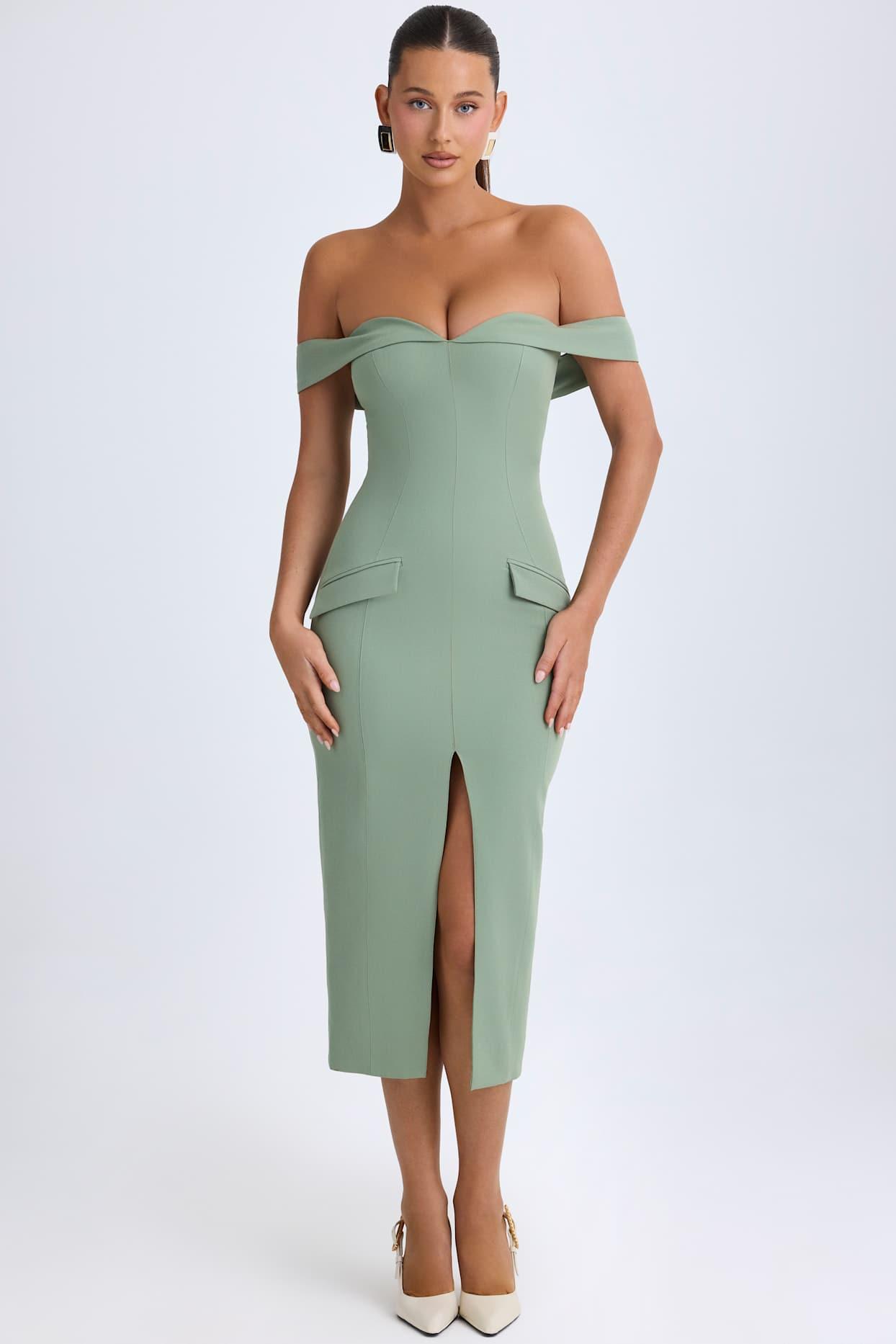 Off-Shoulder Midaxi Dress in Khaki Green Product Image