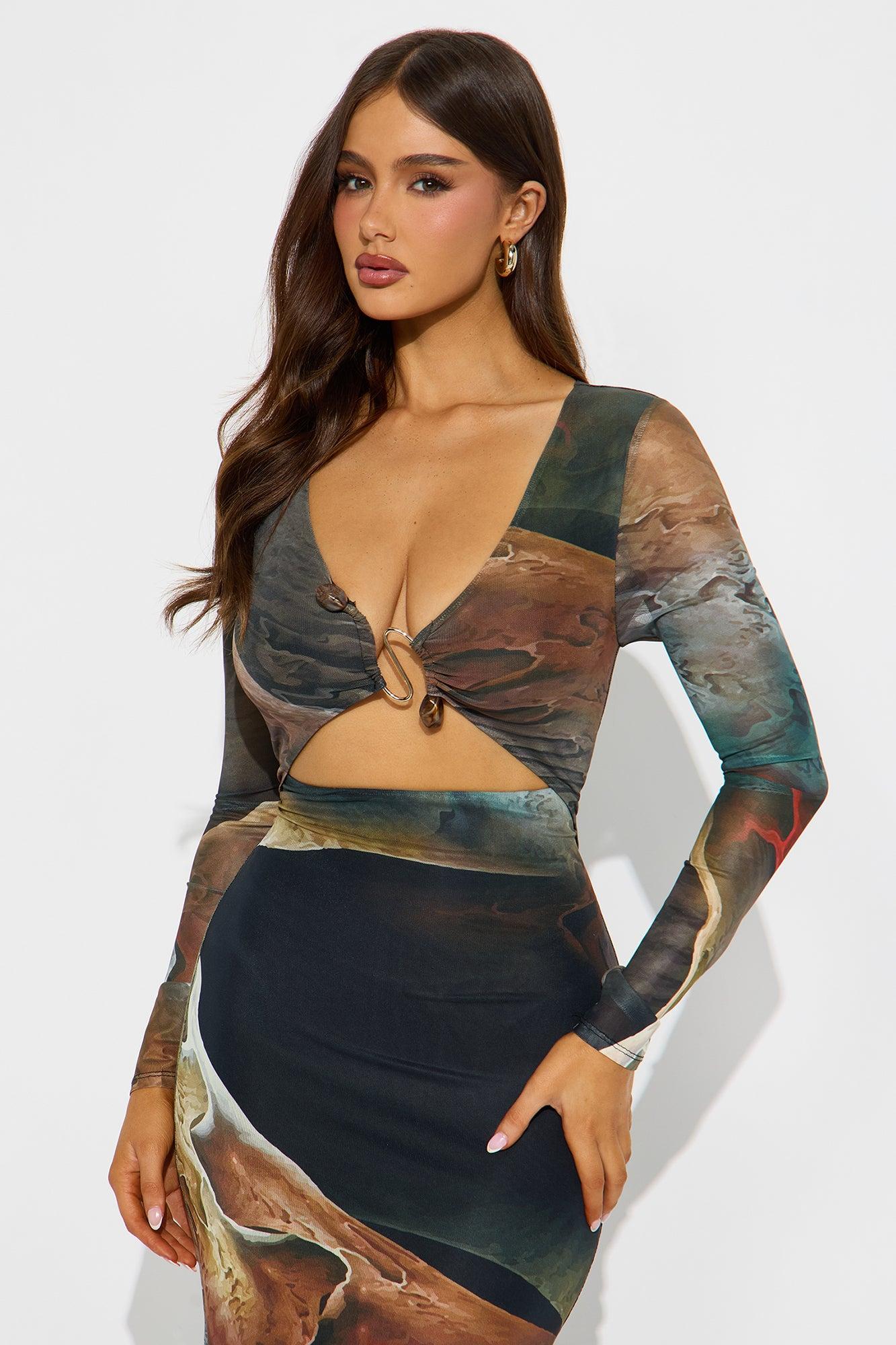 Kristen Printed Mesh Maxi Dress - Olive/combo Female Product Image