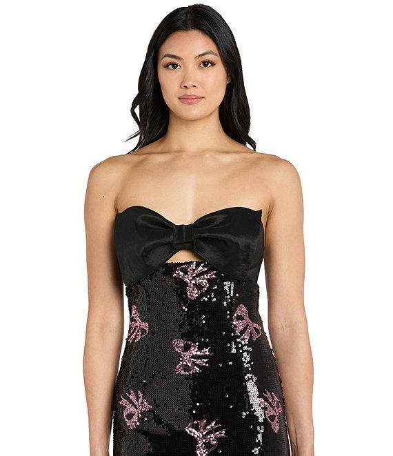 Morgan & Co. Strapless Taffeta Bow Keyhole Front Sequin Mini Dress Product Image