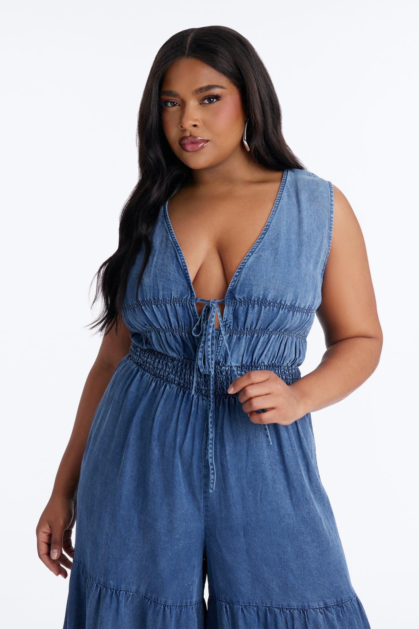 Hazel Plunge Neck Denim Jumpsuit - Light Wash Female Product Image