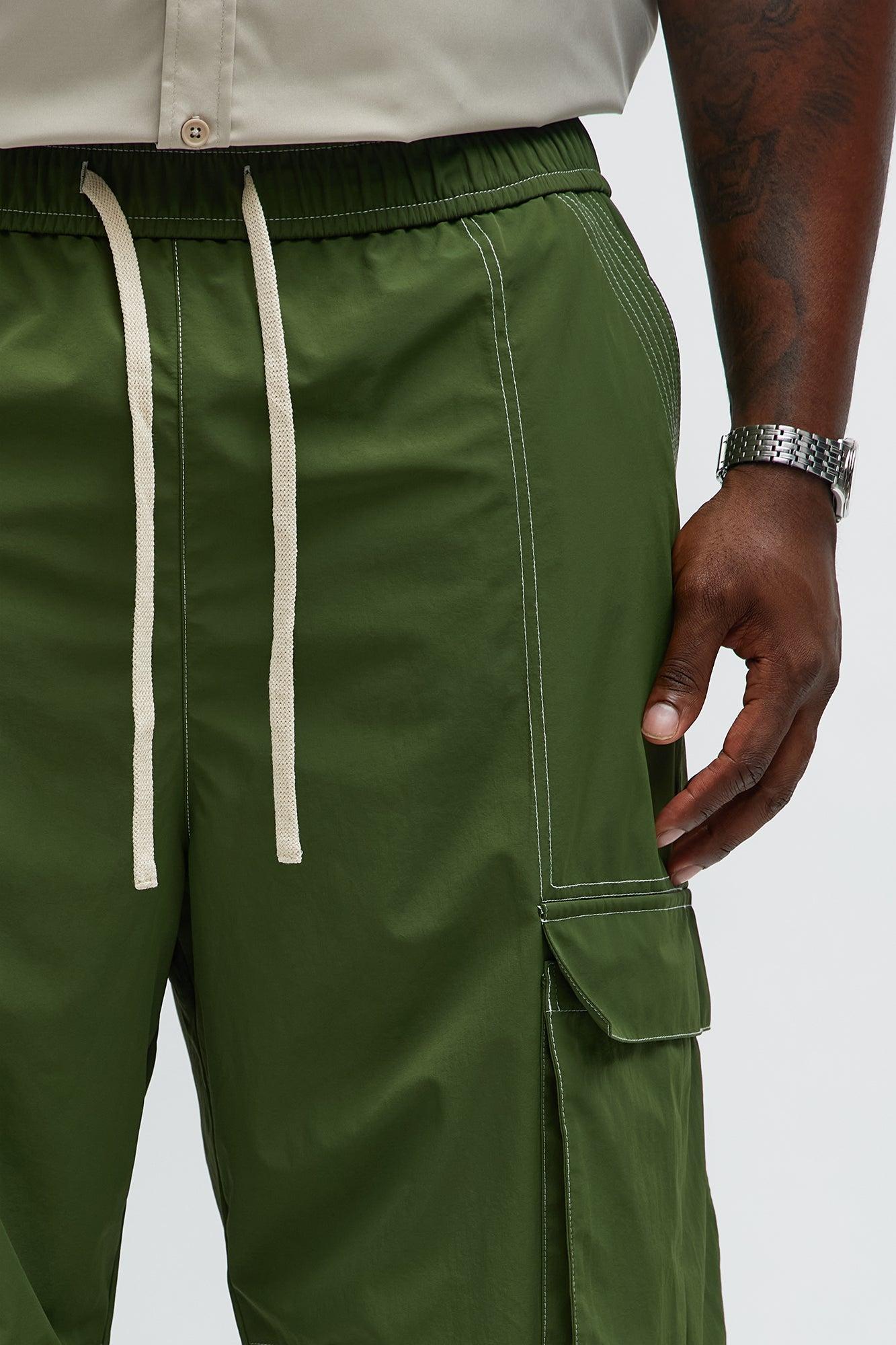 Baggy Stay Moving Contrast Stitch Nylon Cargo Pants - Olive Product Image