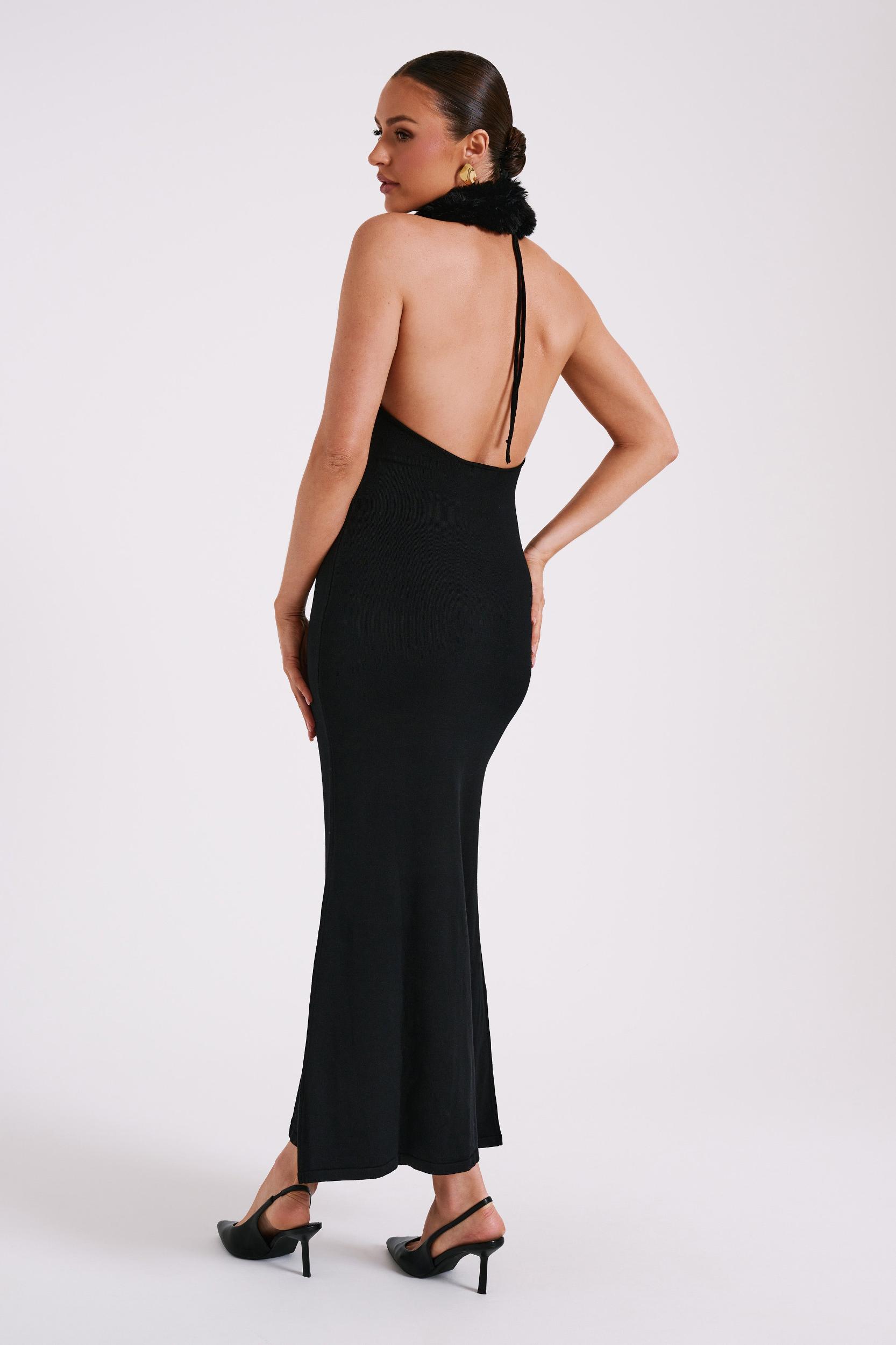 Elva Halter Knit Maxi Dress With Faux Fur - Black Product Image