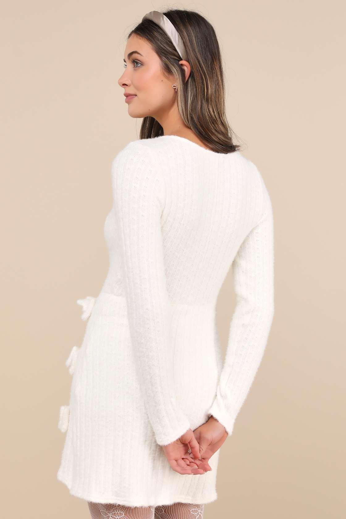 Darling Coziness Ivory Fuzzy Ribbed Knit Bow Sweater Mini Dress Product Image