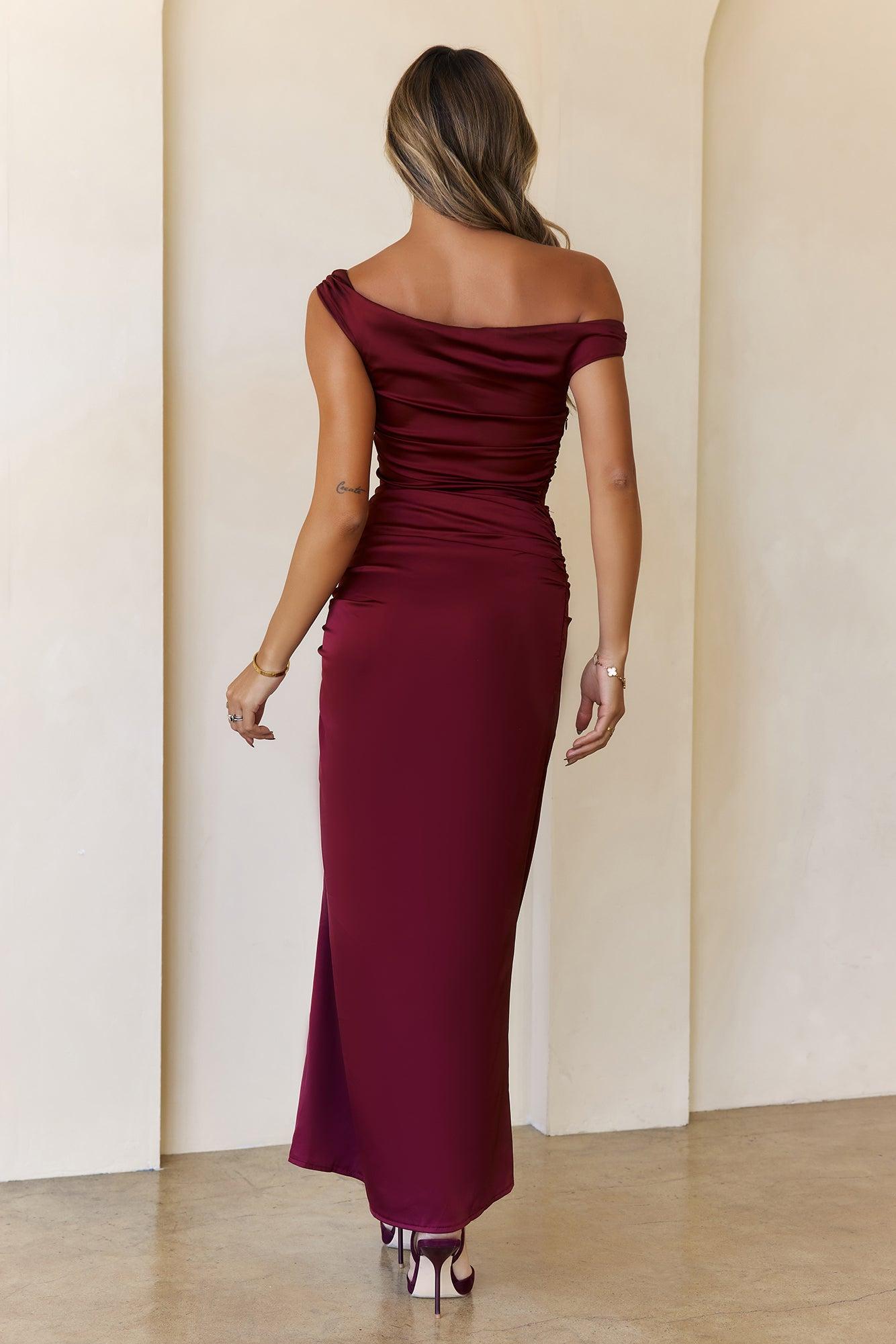 Polished Radiance Off Shoulder Satin Maxi Dress Red Product Image