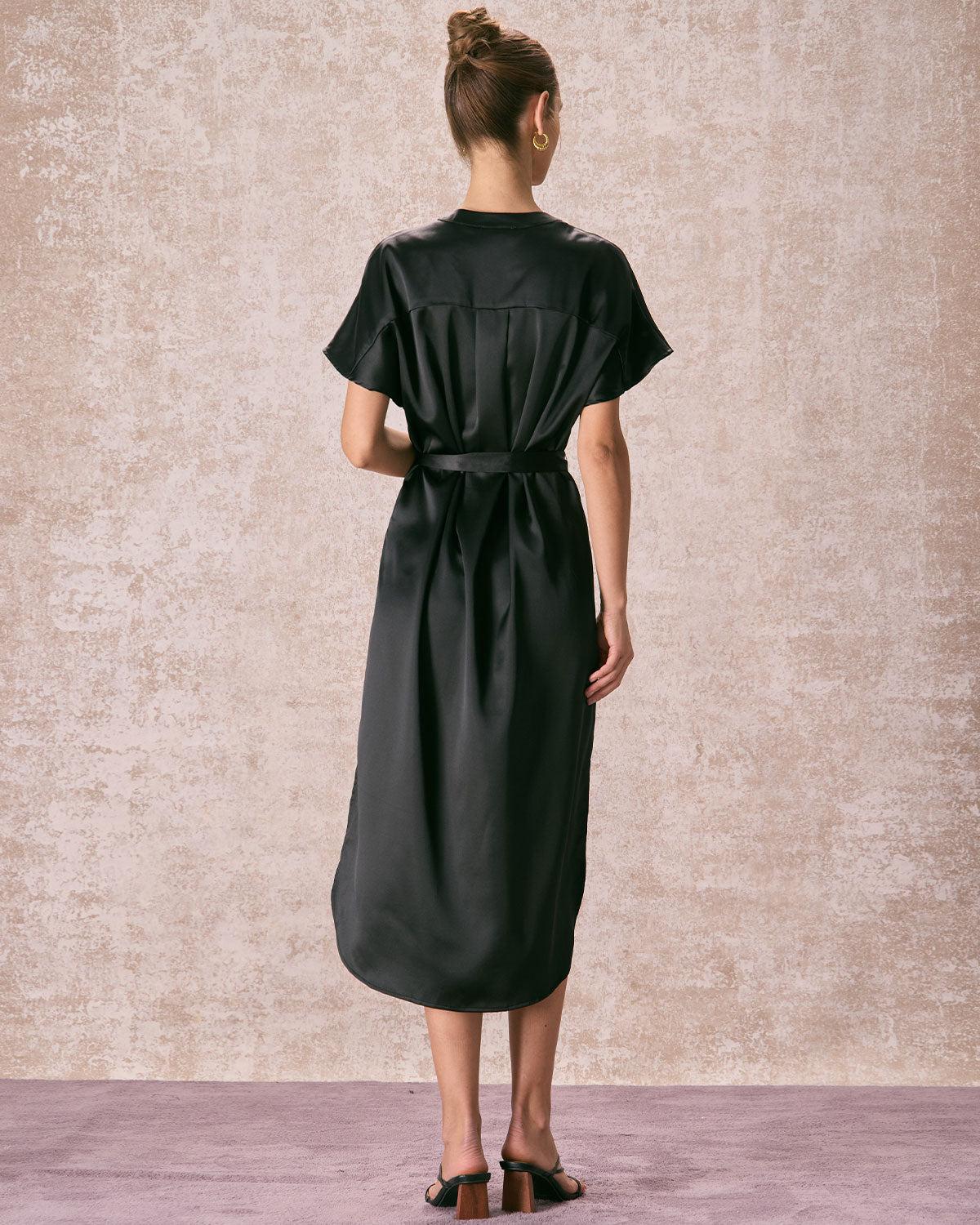 The Black Crew Neck Belted Satin Midi Dress Product Image