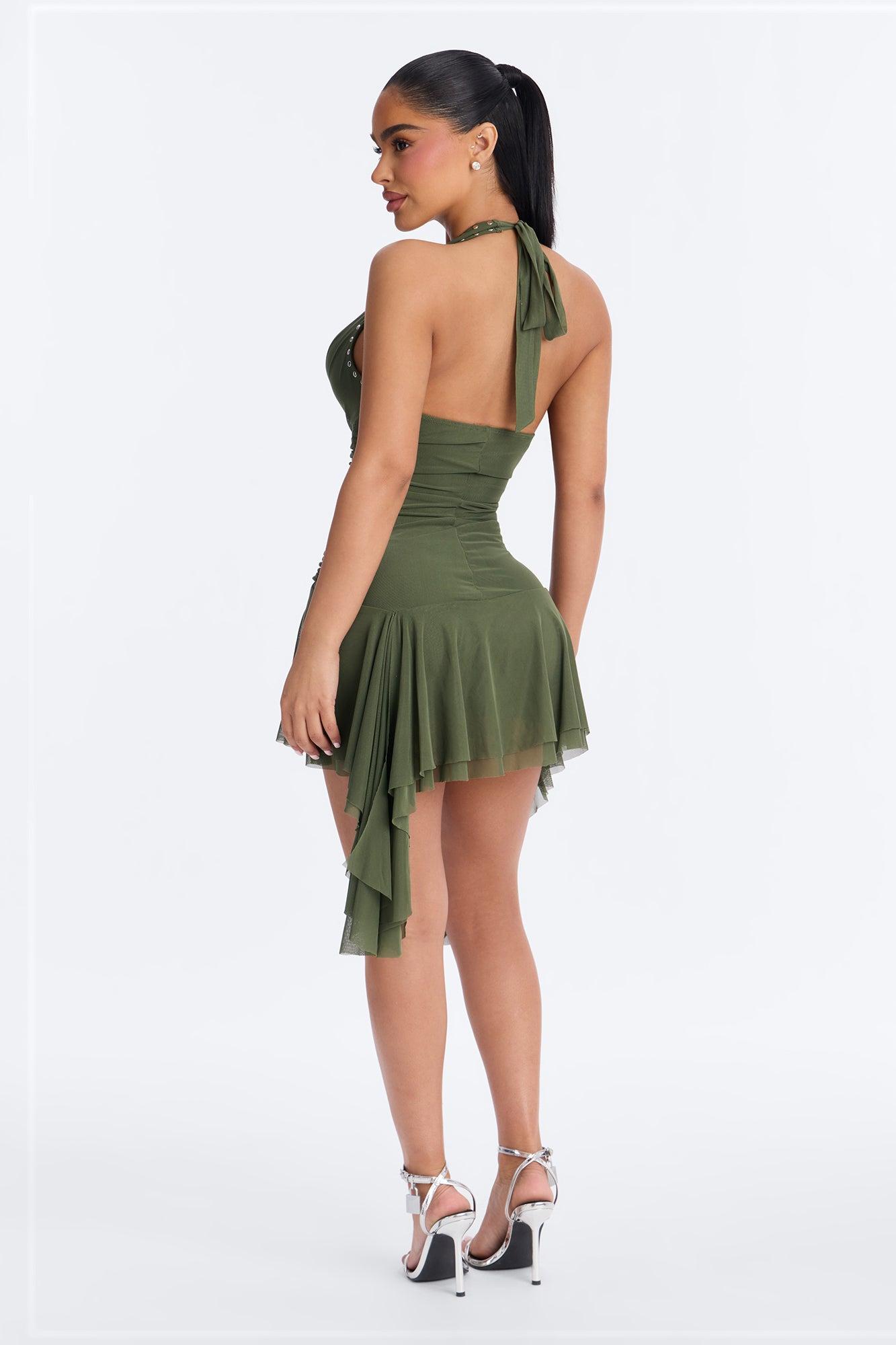 Alessandra Studded Mesh Mini Dress - Olive Female Product Image