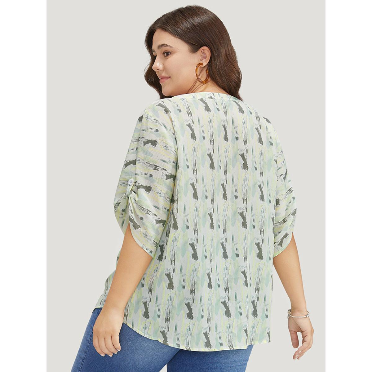 Plus Size LightGreen Brush Print Notched Neck Contrast Cuffed Sleeve Blouse Women Vacation Half Sleeve V-neck Dailywear Blouses BloomChic 18-20/2X Product Image