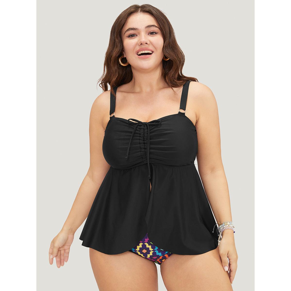 Plus Size Drawstring Front Ruched Flutter Split Hem Swim Dress Women's Swimwear Black Beach Bodycon High stretch Curve Swim Dresses BloomChic 30/6X Product Image