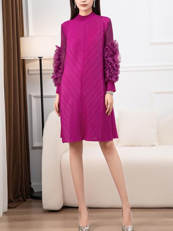Long Sleeves Loose Embroidered Pleated Solid Color Round-Neck Midi Dresses Product Image
