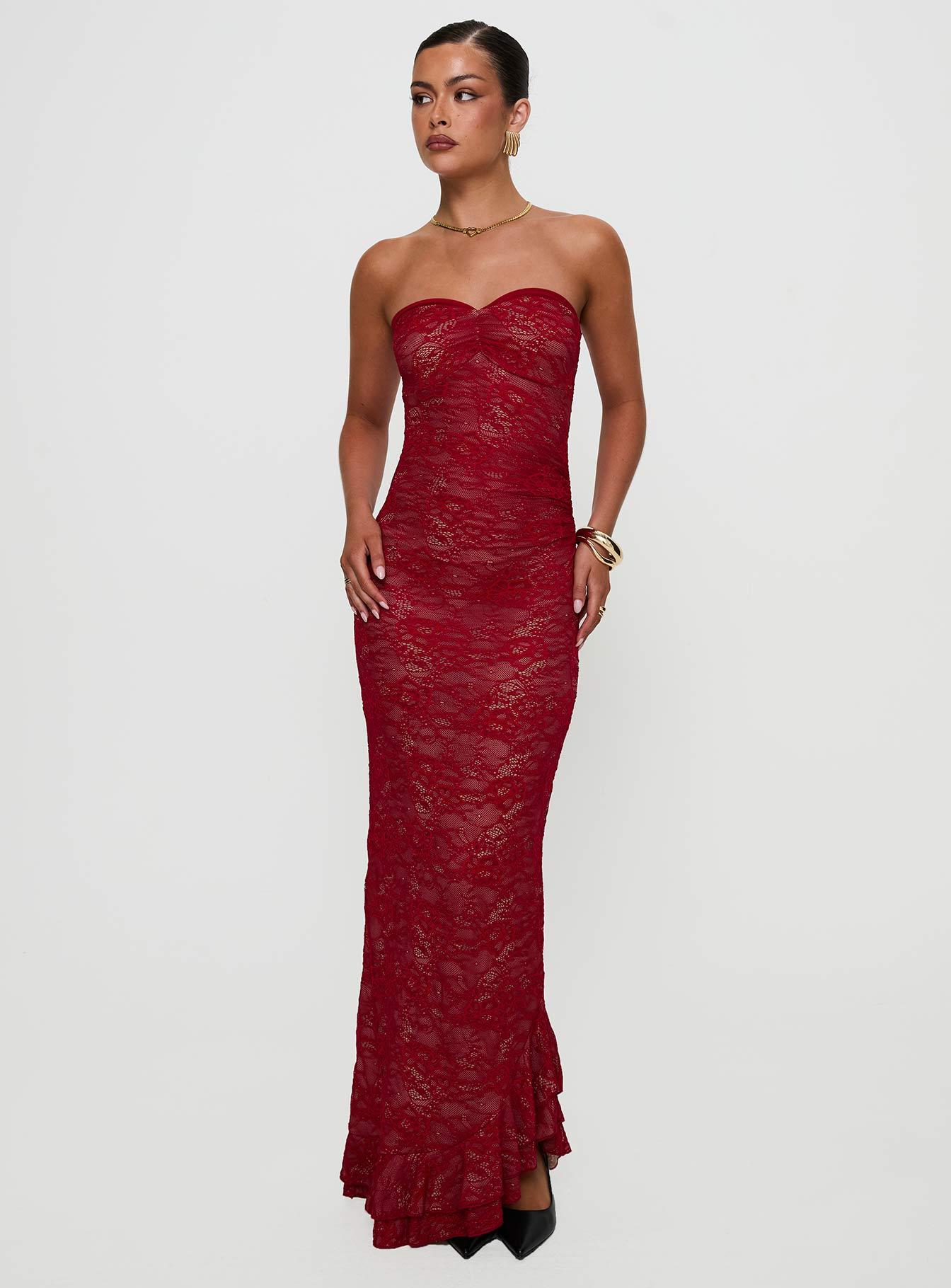 Hailees Lace Strapless Maxi Dress Red Product Image