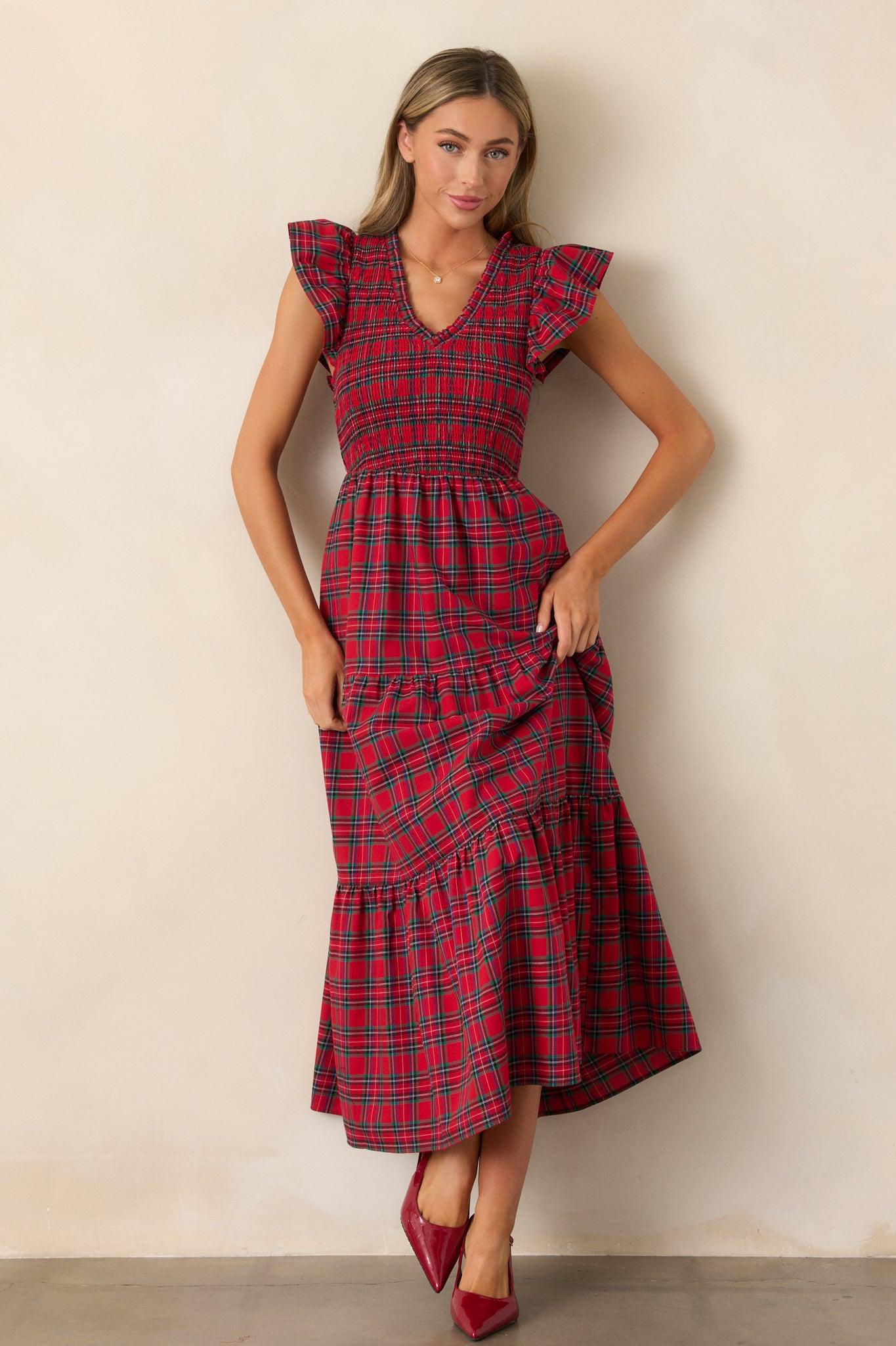 A Place To Be Cotton Red Plaid Midi Dress Product Image