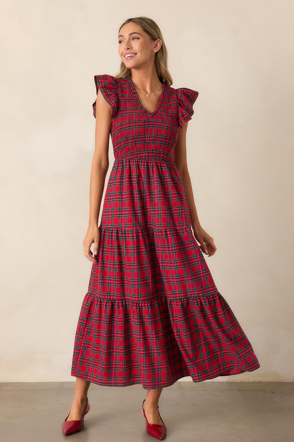A Place To Be Cotton Red Plaid Midi Dress Product Image