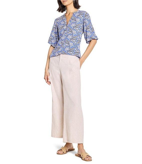 NIC + ZOE Ocean Print Split V-Neck Elbow Puff Sleeve Top Product Image