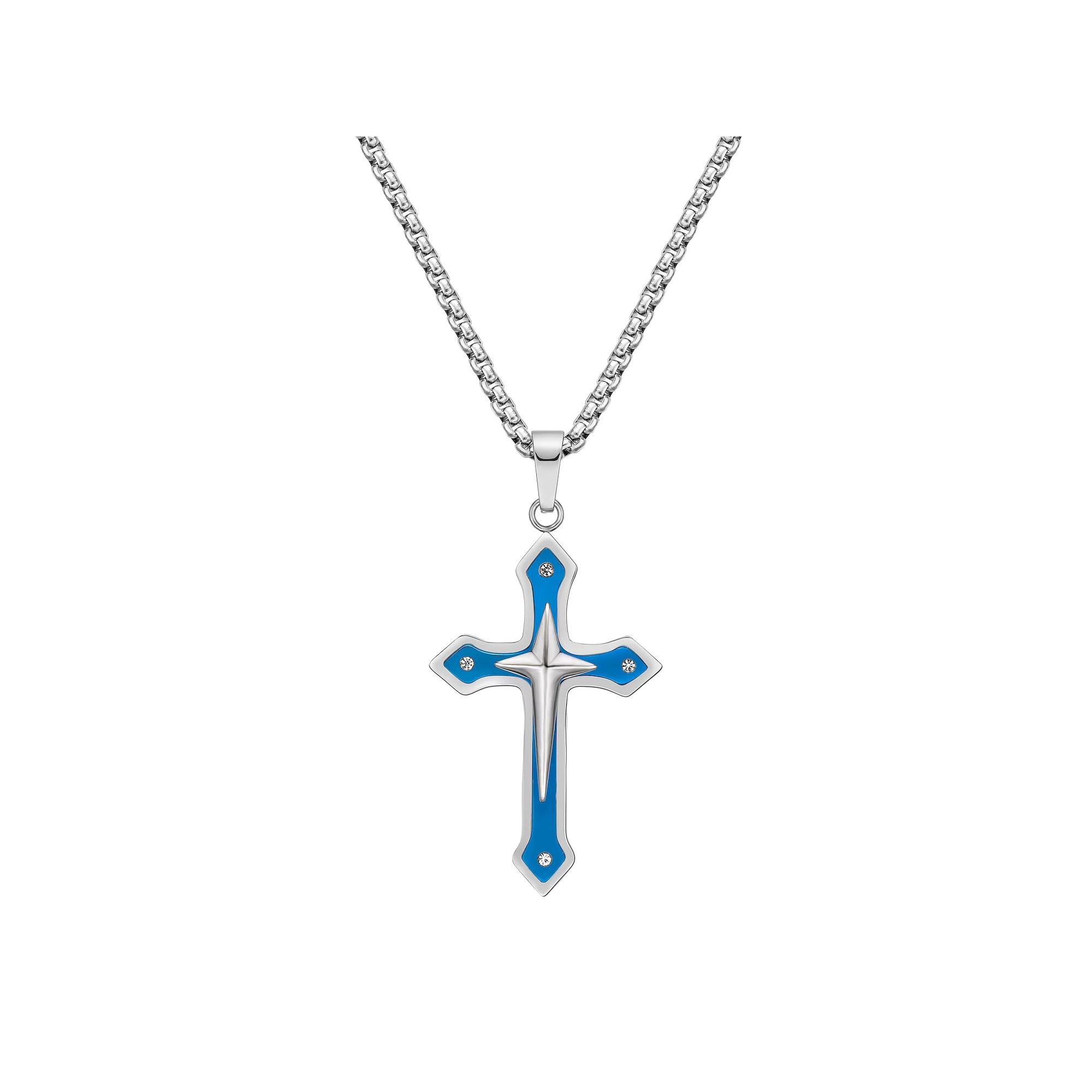 LYNX Men's Blue Ion-Plated Stainless Steel Cross Pendant Necklace, Size: 24", Two Tone Product Image