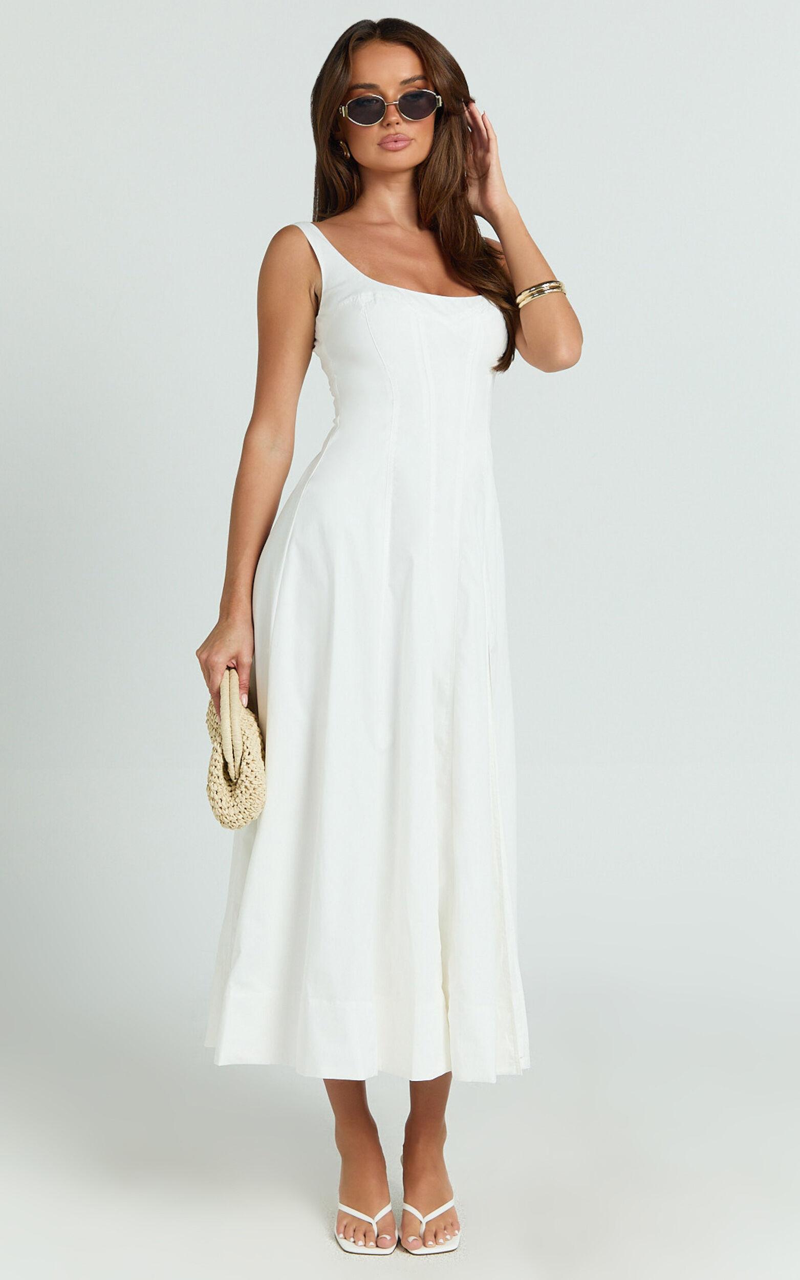 Kristi Midi Dress - Scoop Neck Fit And Flare Dress in Off White Product Image