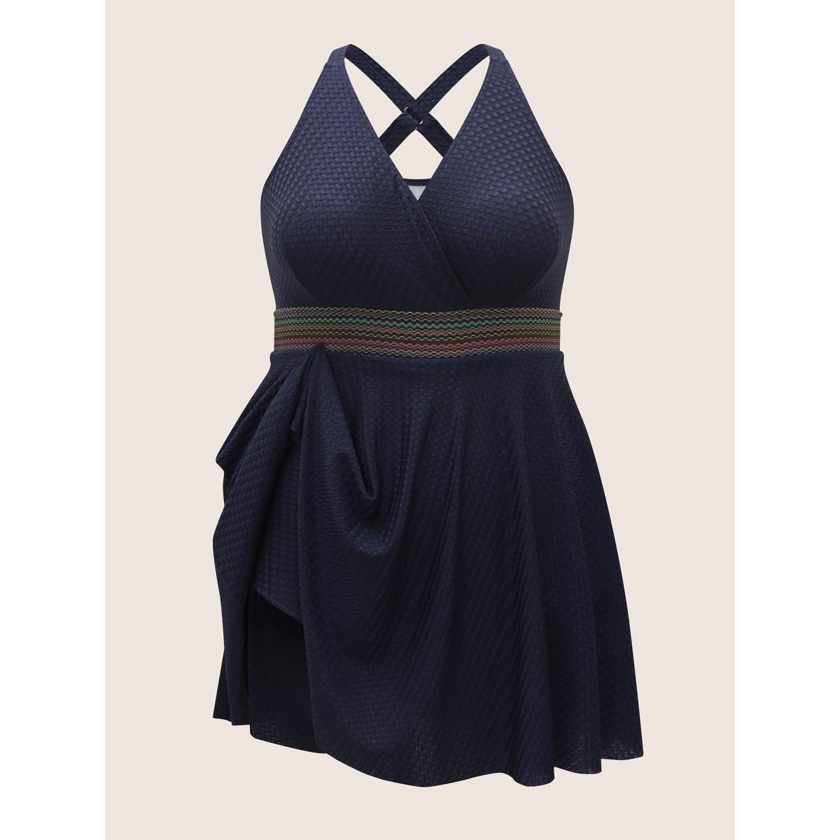 Plus Size Overlap Collar Textured Gathered Pocket Swim Dress Women's Swimwear Midnight Beach Bodycon Overlap Collar High stretch Curve Swim Dresses BloomChic 26/4X Product Image