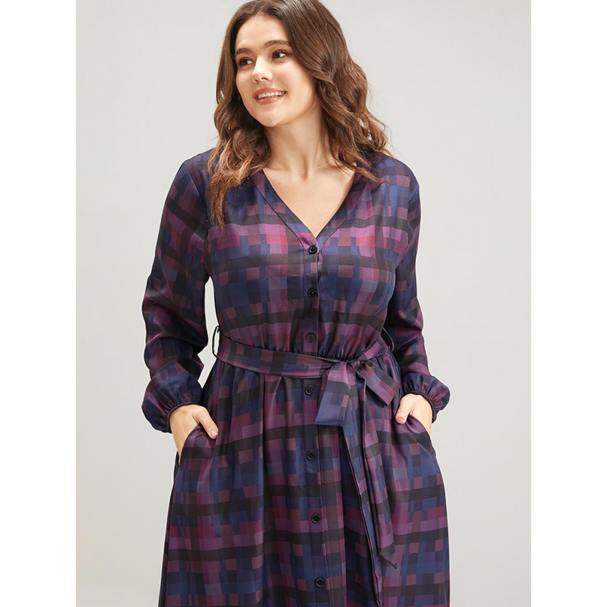 Plus Size Plaid Contrast Button Up Pocket Lantern Sleeve Belted Dress Multicolor Women Elegant Button V-neck Long Sleeve Curvy Midi Dress BloomChic 22-24/3X Product Image