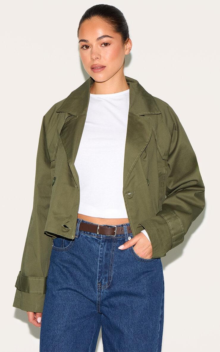 Khaki Cropped Storm Flap Detail Trench Coat Product Image