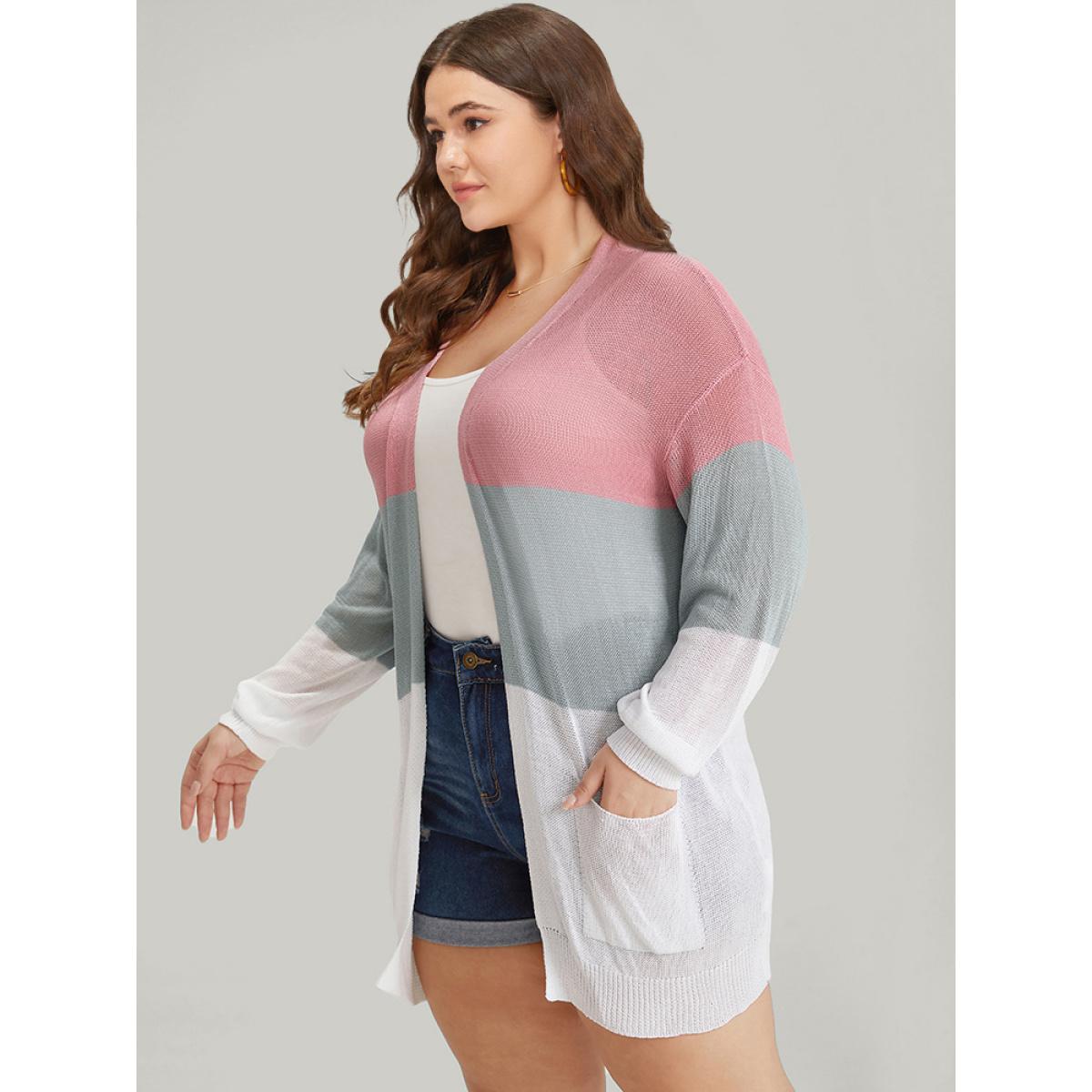 Plus Size Colorblock Pocket Drop Shoulder Elastic Cuffs Contrast Cardigan Pink Women Casual Loose Long Sleeve Dailywear Cardigans BloomChic 30/6X Product Image
