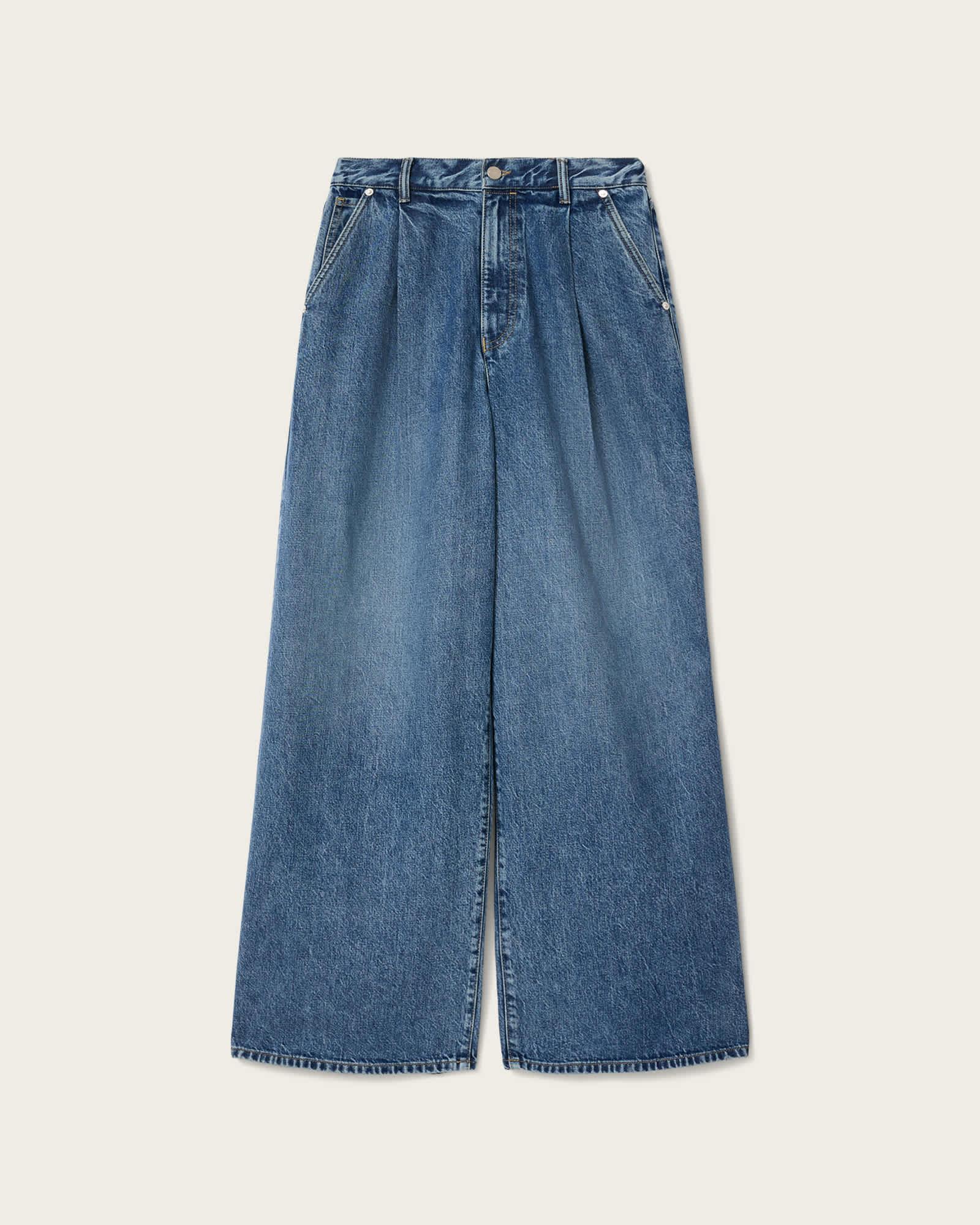 Haze Wide Leg Pleated Jeans Mid Indigo | ALLSAINTS US Product Image