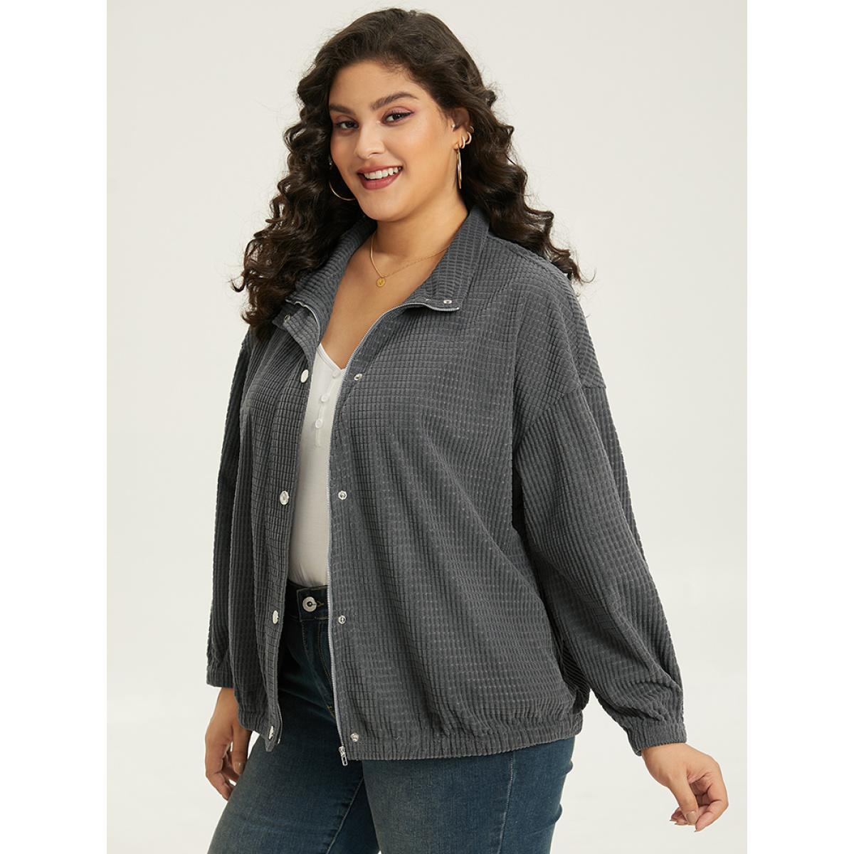 Plus Size Solid Texture Button Through Pocket Shacket Women Gray Elastic cuffs Pocket Everyday Jackets BloomChic 26/4X Product Image