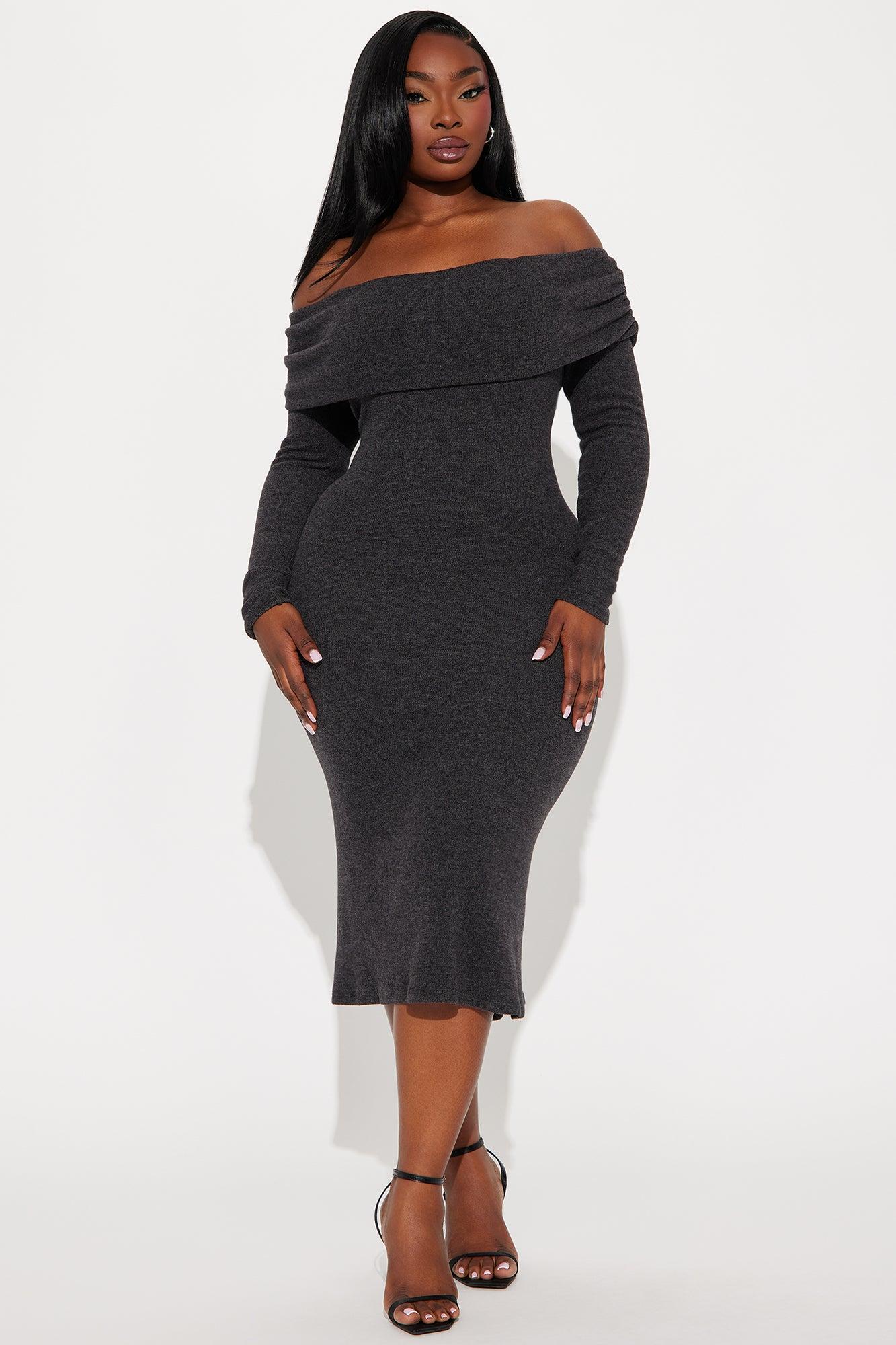 Tell Me More Off Shoulder Midi Dress - Black Product Image