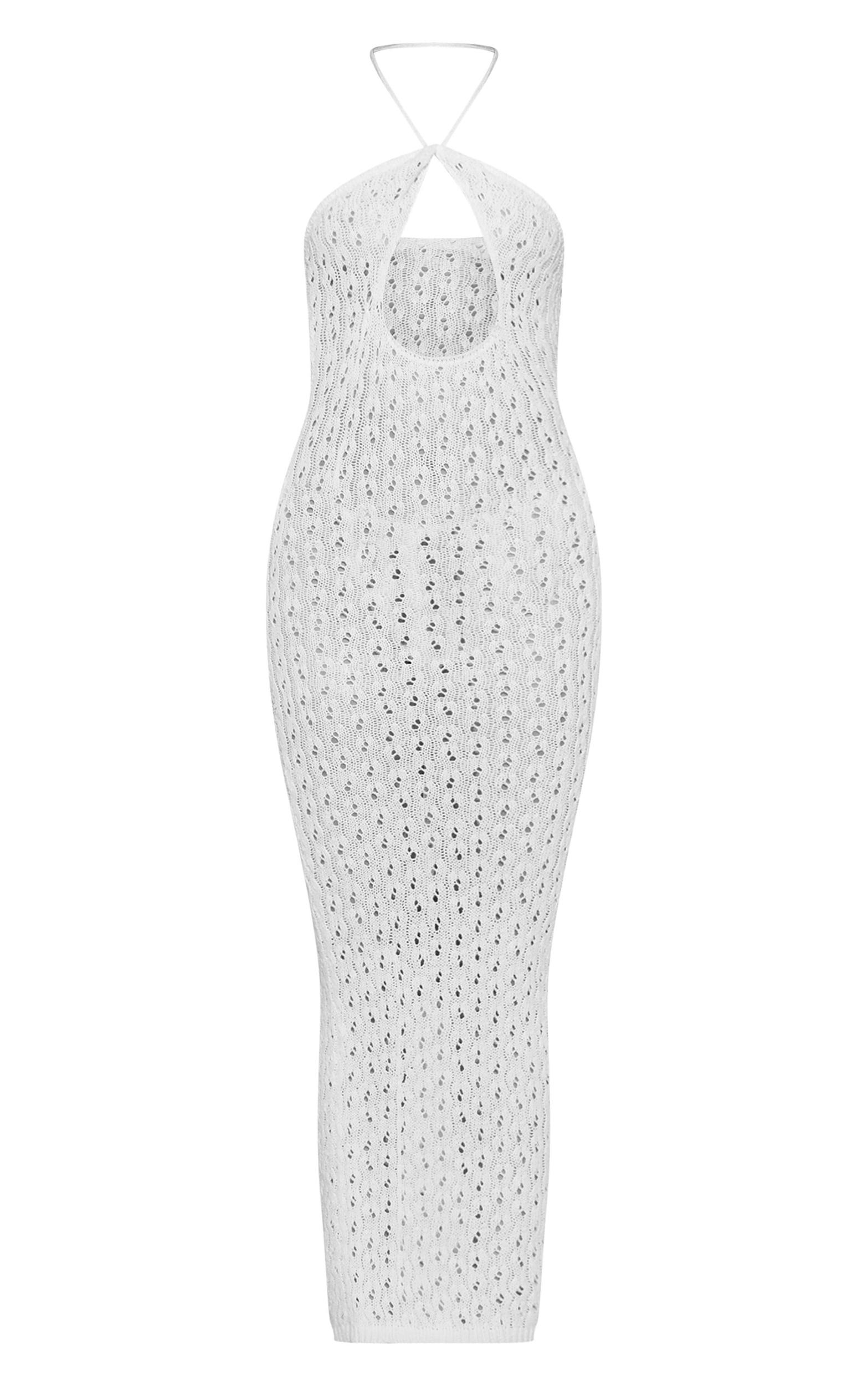 White Pointelle Knit Cut Out Front Halterneck Maxi Dress Product Image