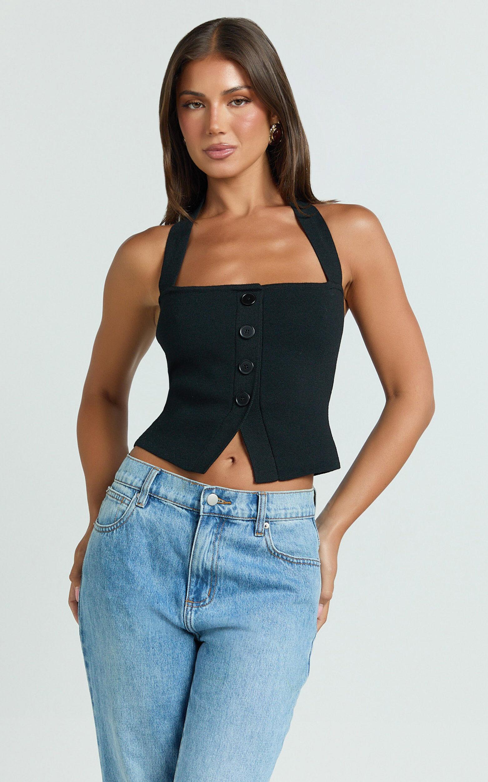 Elsie Top - Halter Square Button Front Knit Top in Black Product Image