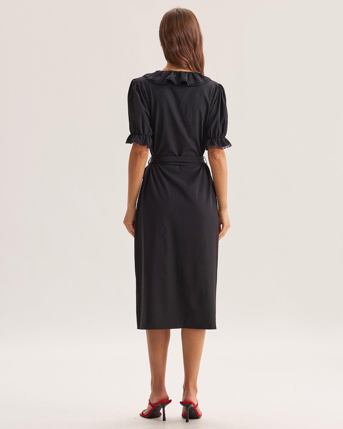 Black Ruffle Belted Maxi Dress Product Image