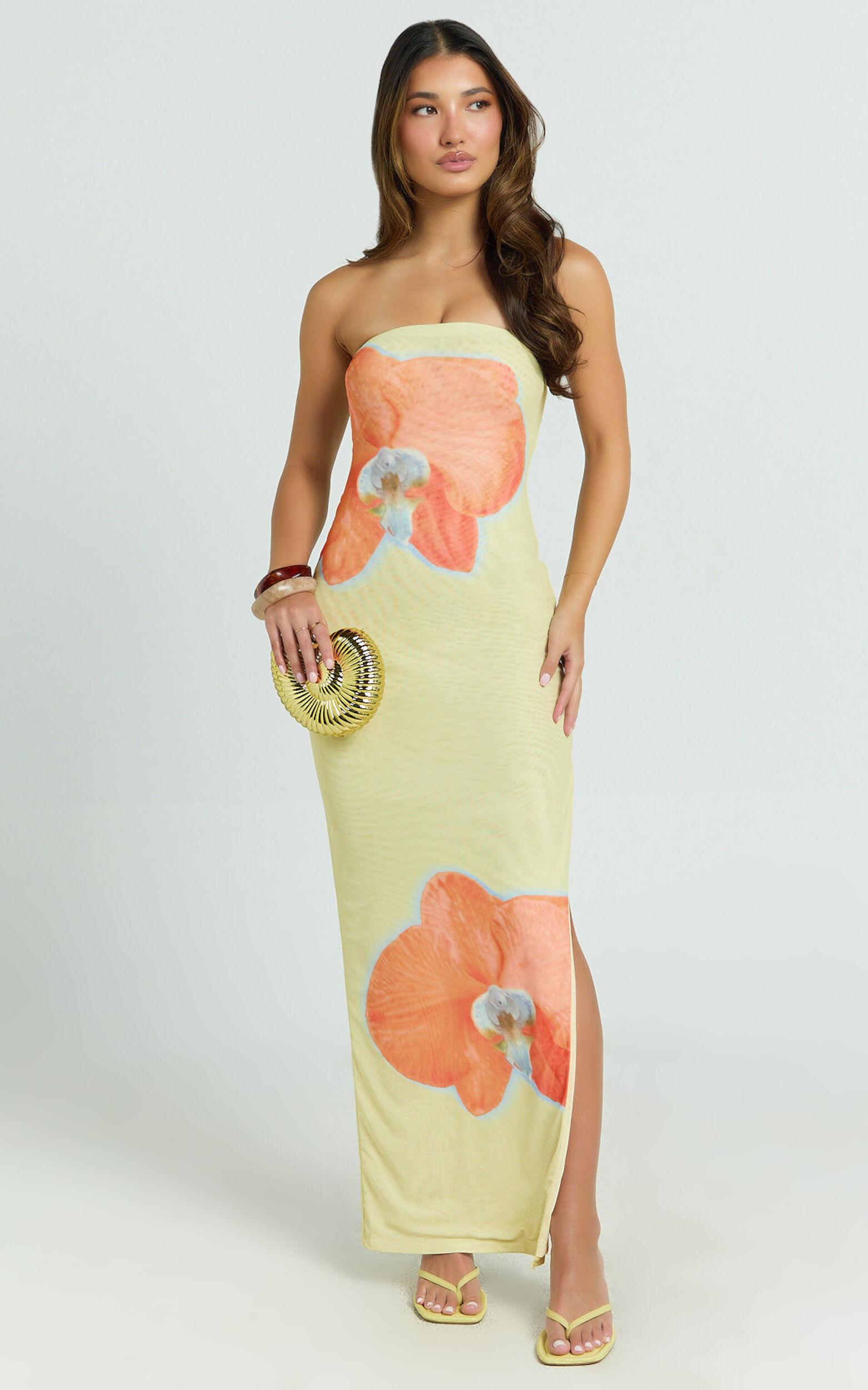 Aretta Maxi Dress - Strapless Fitted Placement Mesh Print Dress in Orchid Print Product Image