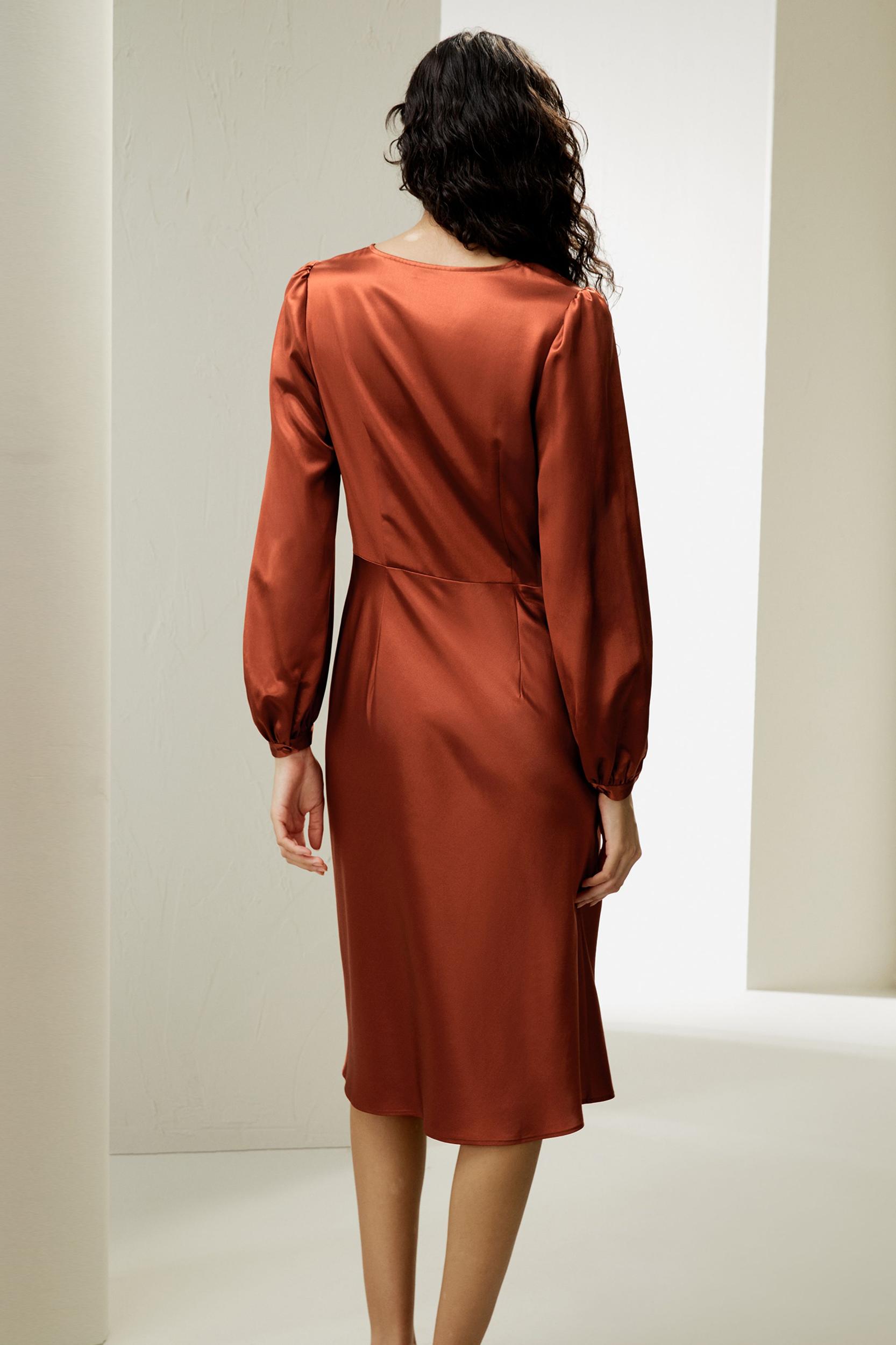 LILYSILK Long Sleeve Dress Silk for Women Red Clay Natural Silk Versatile Pleated Cups Dress 2 Product Image