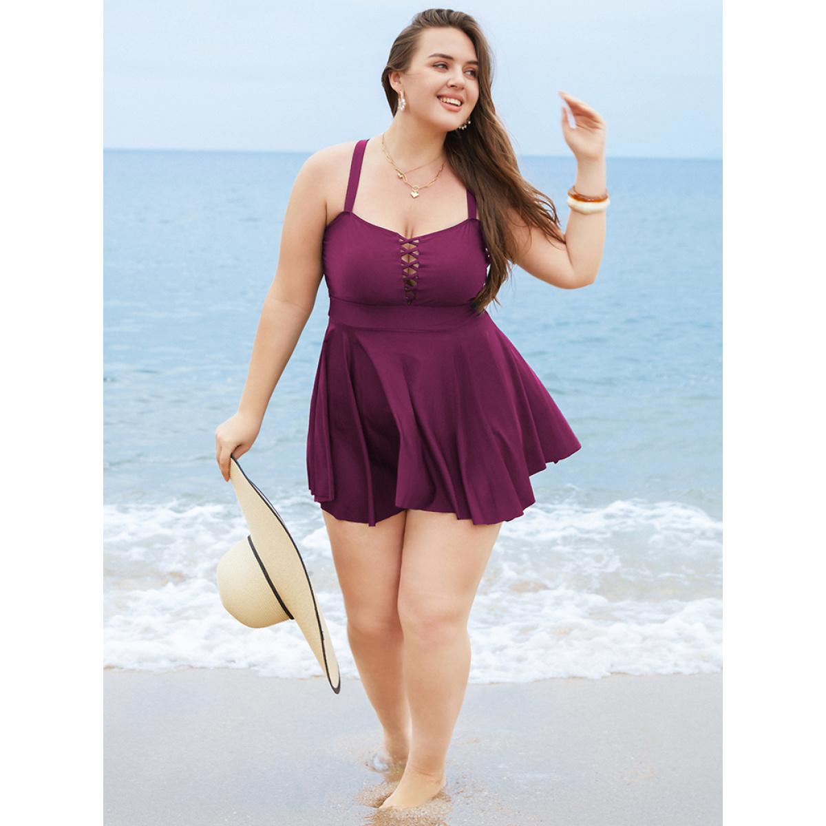 Plus Size Crisscross Cut Out Sculpt Waist Ruffle Hem Swim Dress Women's Swimwear RedViolet Vacation Bodycon High stretch Curve Swim Dresses BloomChic 14-16/1X Product Image