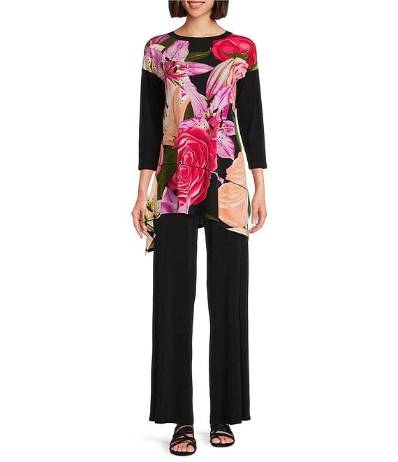 Eva Varro Knit Floral Print Boat Neck 3/4 Sleeve Asymmetrical Ruffle Hem Tunic Product Image