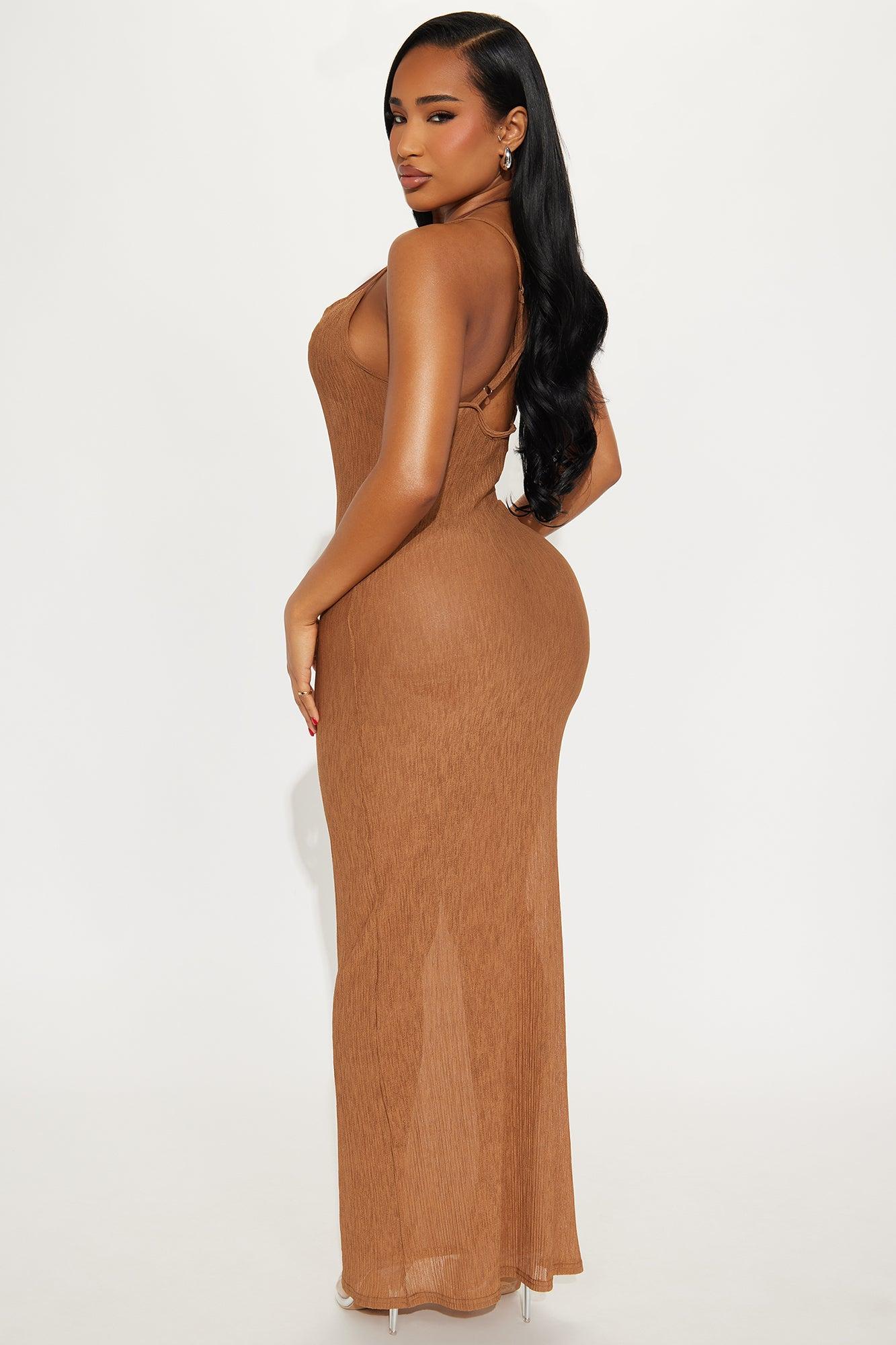 Summer Breeze Cowl Neck Plisse Cover Up Maxi Dress - Mocha Product Image