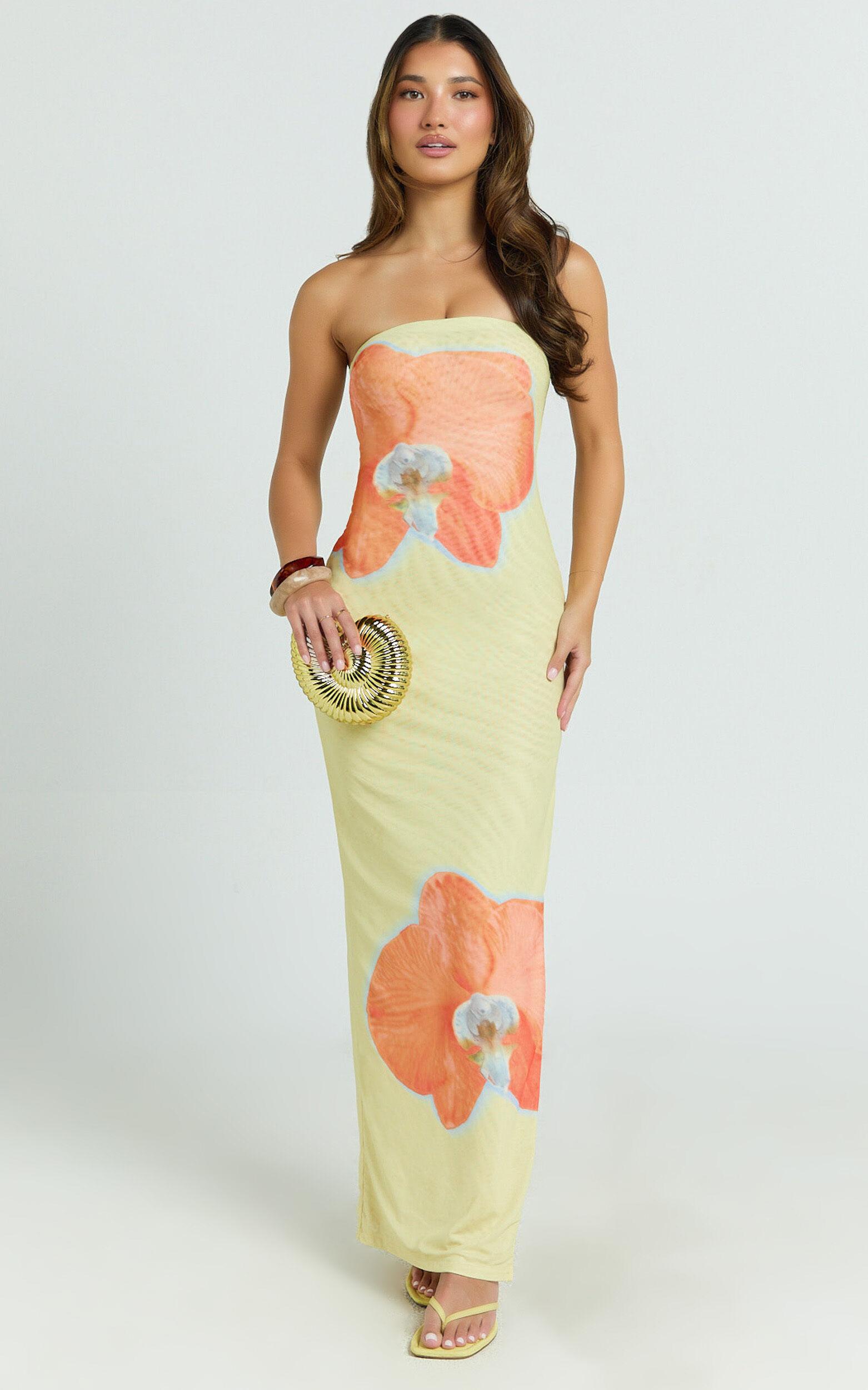 Aretta Maxi Dress - Strapless Fitted Placement Mesh Print Dress in Orchid Print Product Image