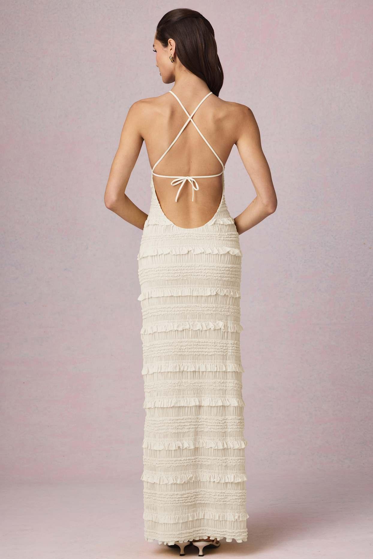 Ruffled Backless Halterneck Maxi Dress in Ivory Product Image