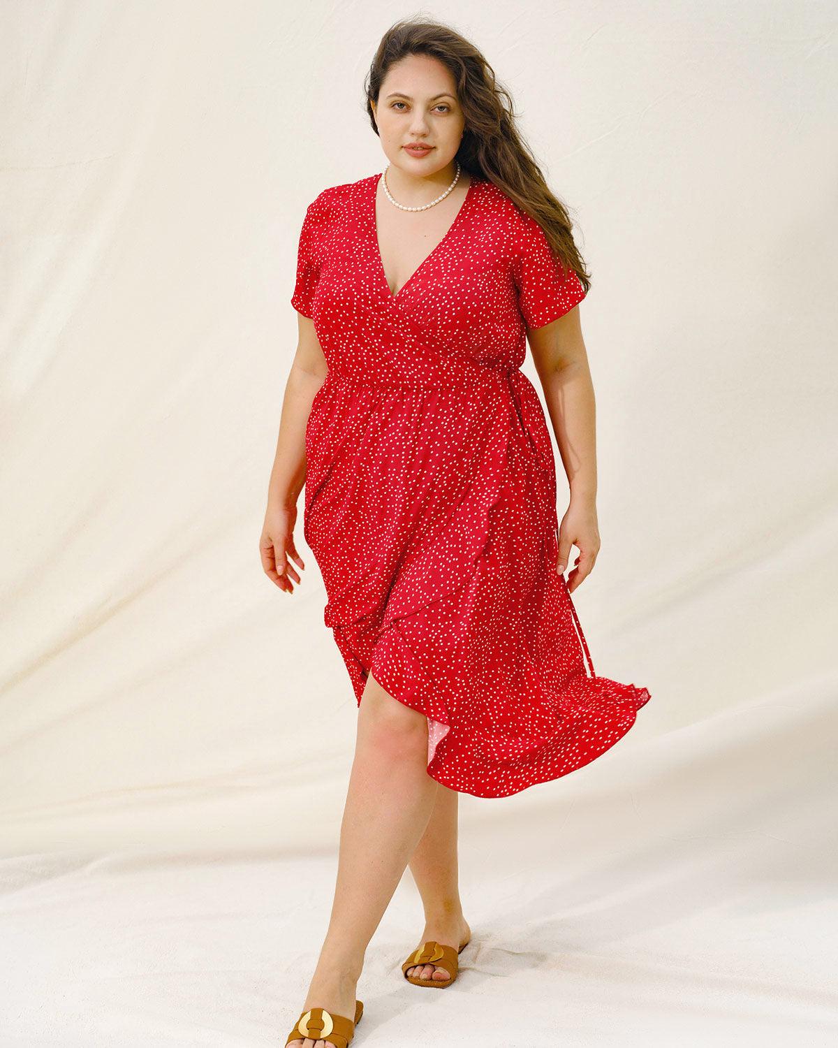 Plus Size Red V Neck Polka Dot  Midi Dress Product Image