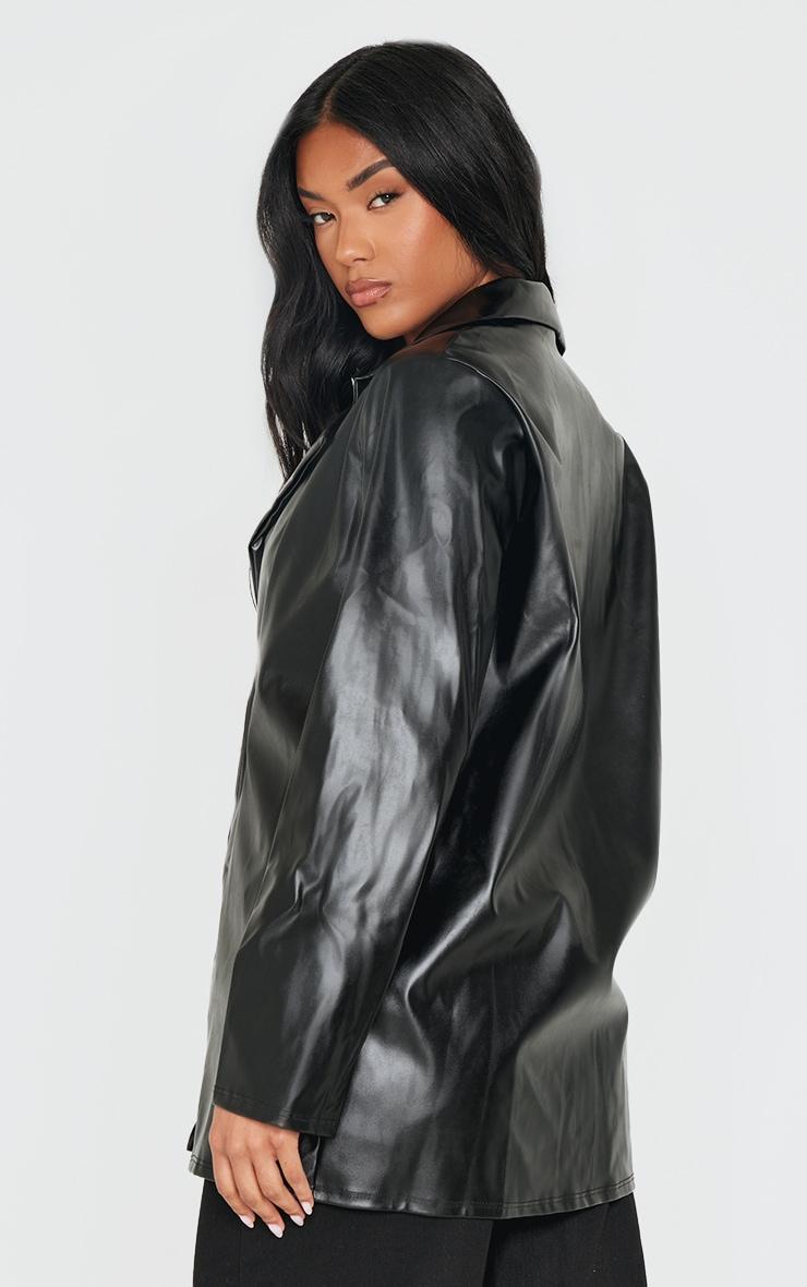 Black Longline Lapel Detail Faux Leather Blazer Product Image