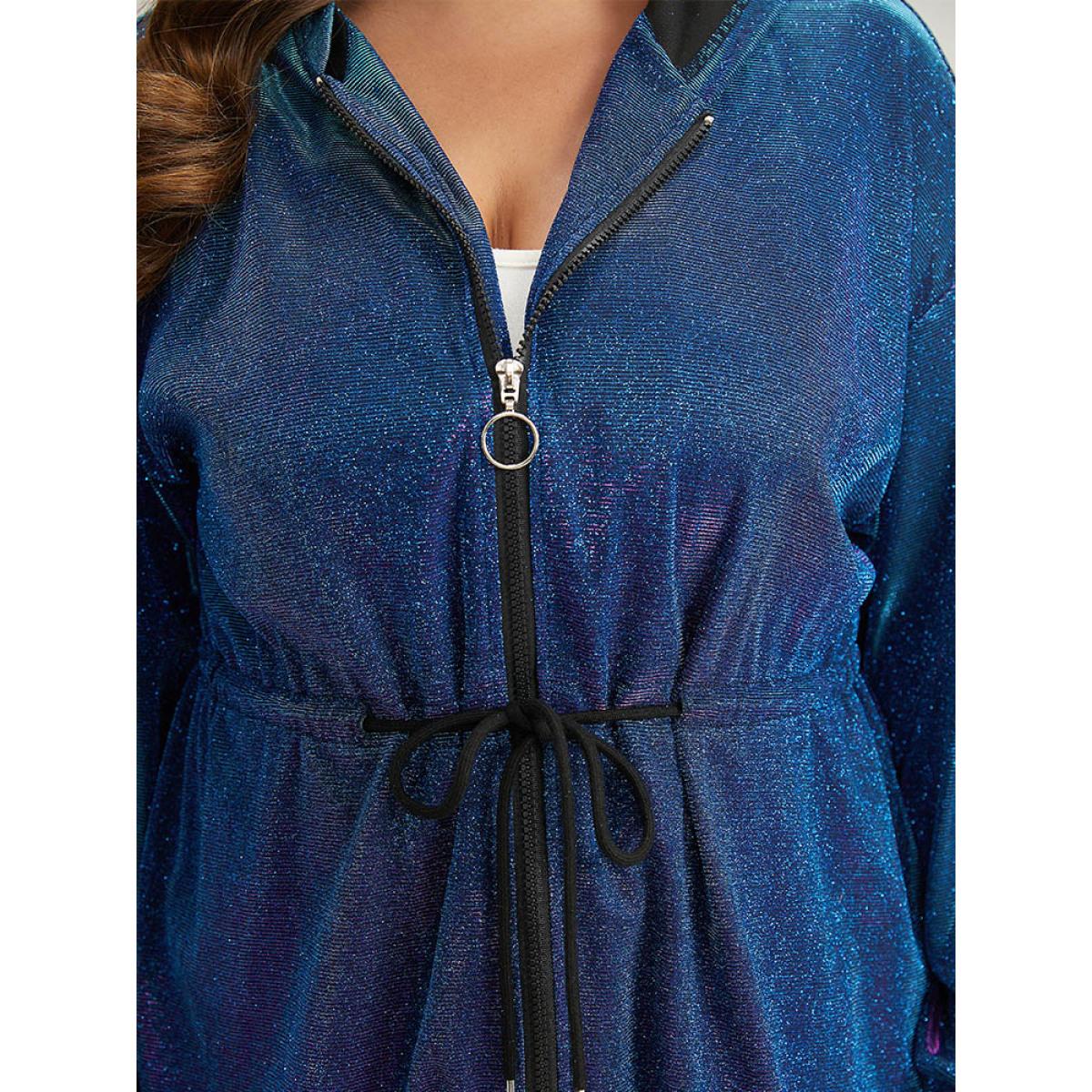 Plus Size Glitter Plain Drawstring Zipper Knot Hooded Coat Women Purple Elastic cuffs Dailywear Jackets BloomChic 18-20/2X Product Image