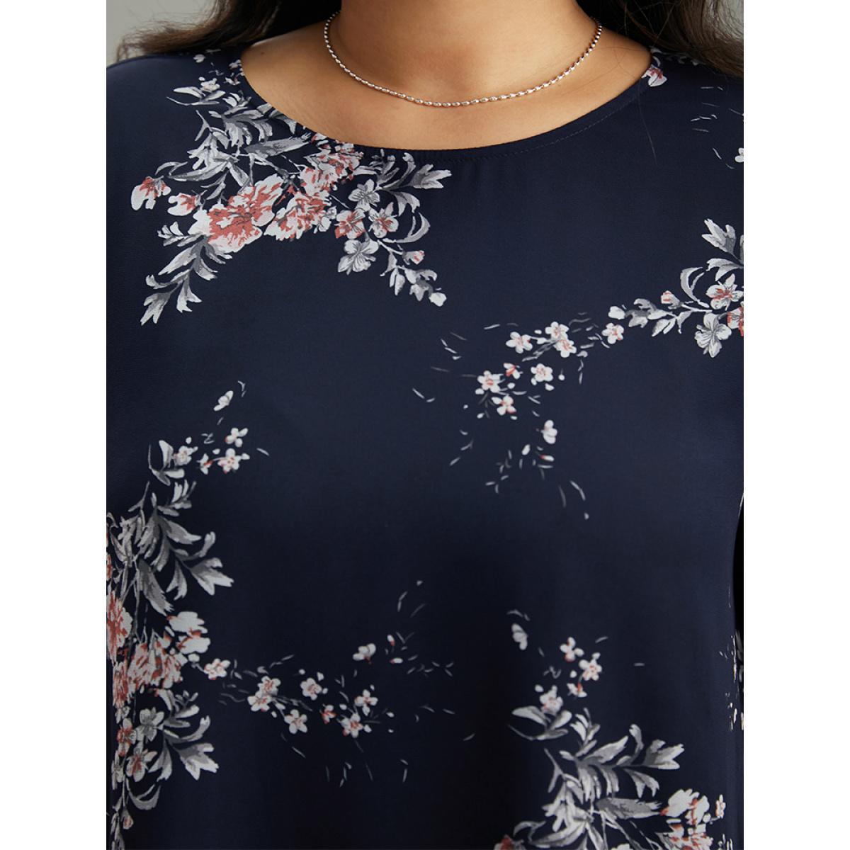 Plus Size Indigo Floral Chiffon Ruffle Sleeve Mesh Patchwork Blouse Women Elegant Elbow-length sleeve Round Neck Everyday Blouses BloomChic 10/M Product Image