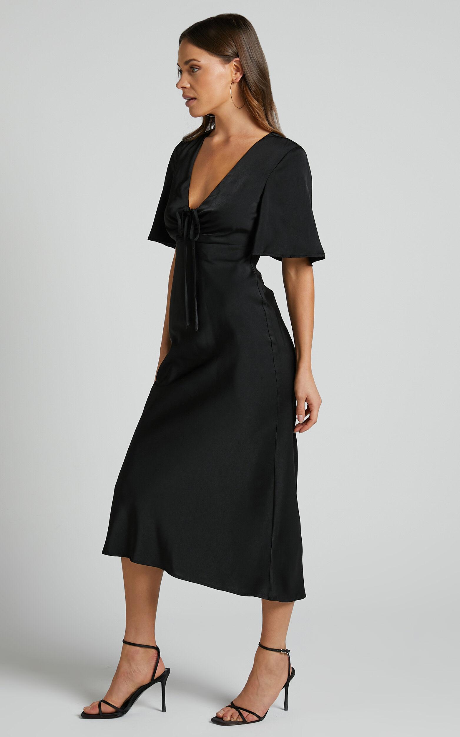 Nicholla Midi Dress - Ruched Front Angel Sleeve Slip Dress in Black Product Image