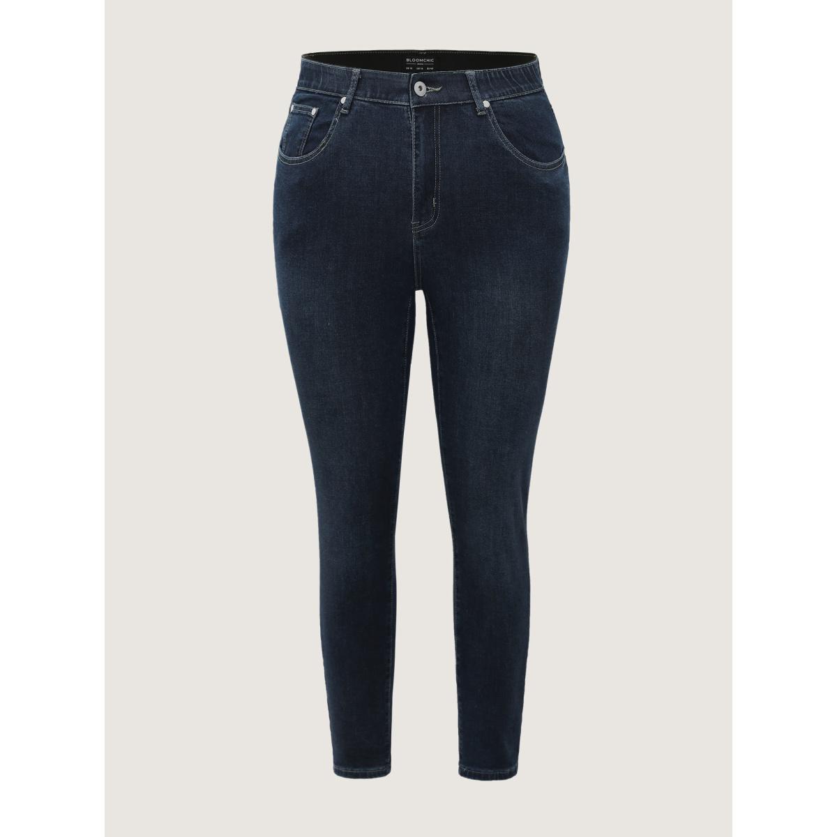 Plus Size Skinny Very Stretchy High Rise Dark Wash Gap Proof Jeans Women DarkBlue Leisure Plain Non High stretch Slanted pocket Jeans BloomChic 12/L Product Image
