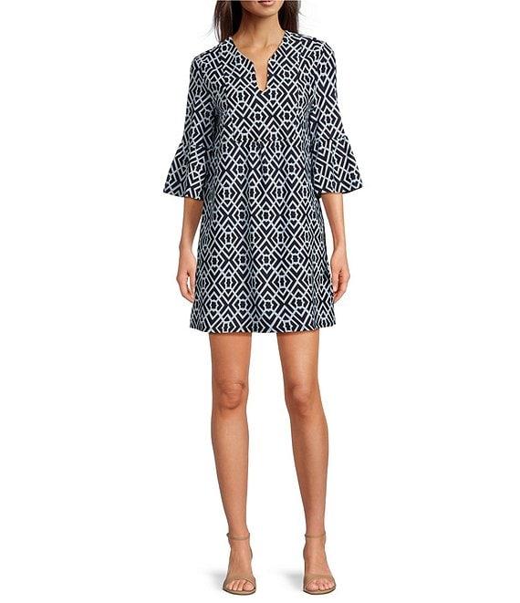Jude Connally Kerry Garden Lattice Print Split V-Neck 3/4 Bell Sleeve Knit Shift Dress Product Image