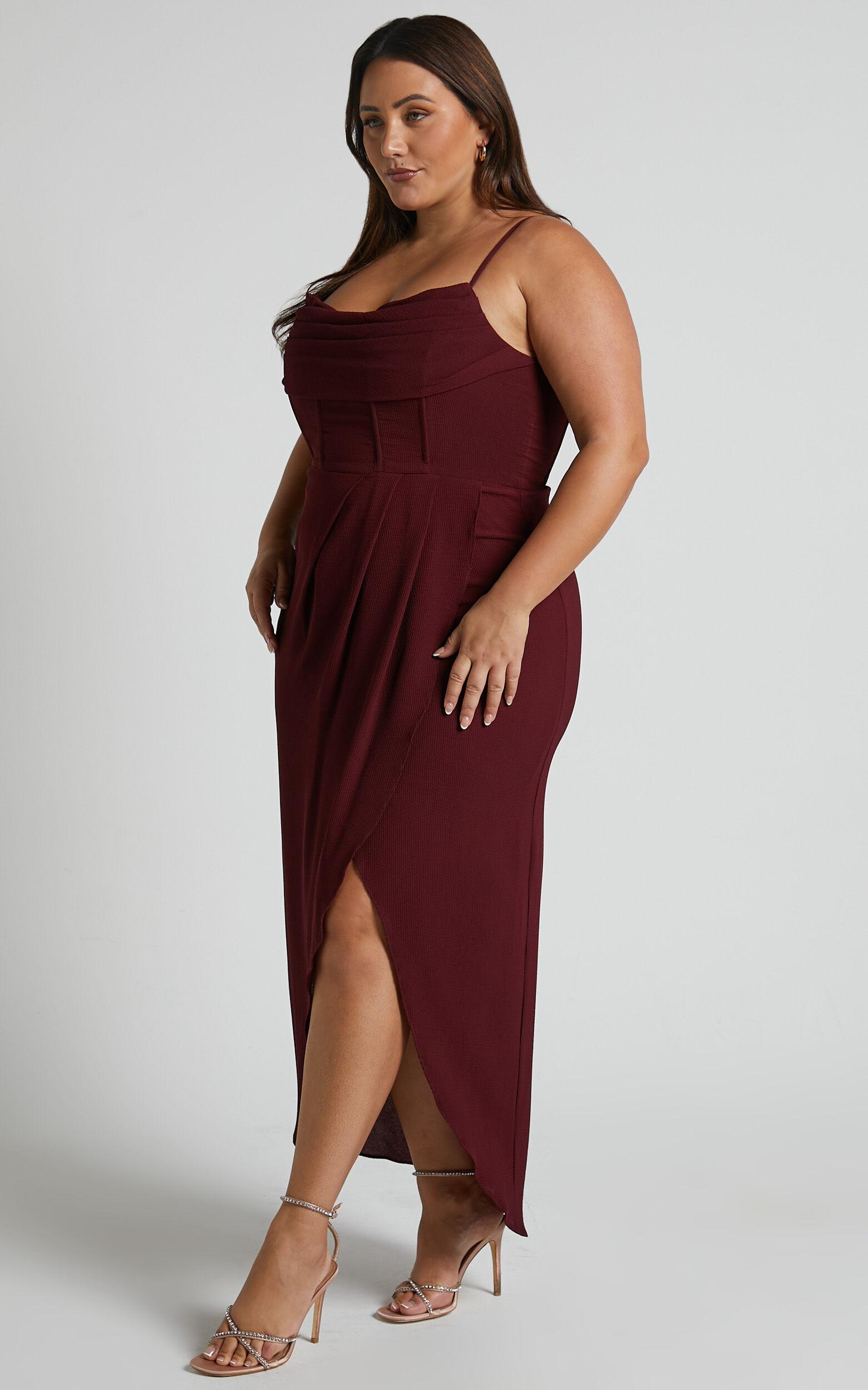 Andrina Midi Dress - High Low Wrap Corset Dress in Wine Product Image