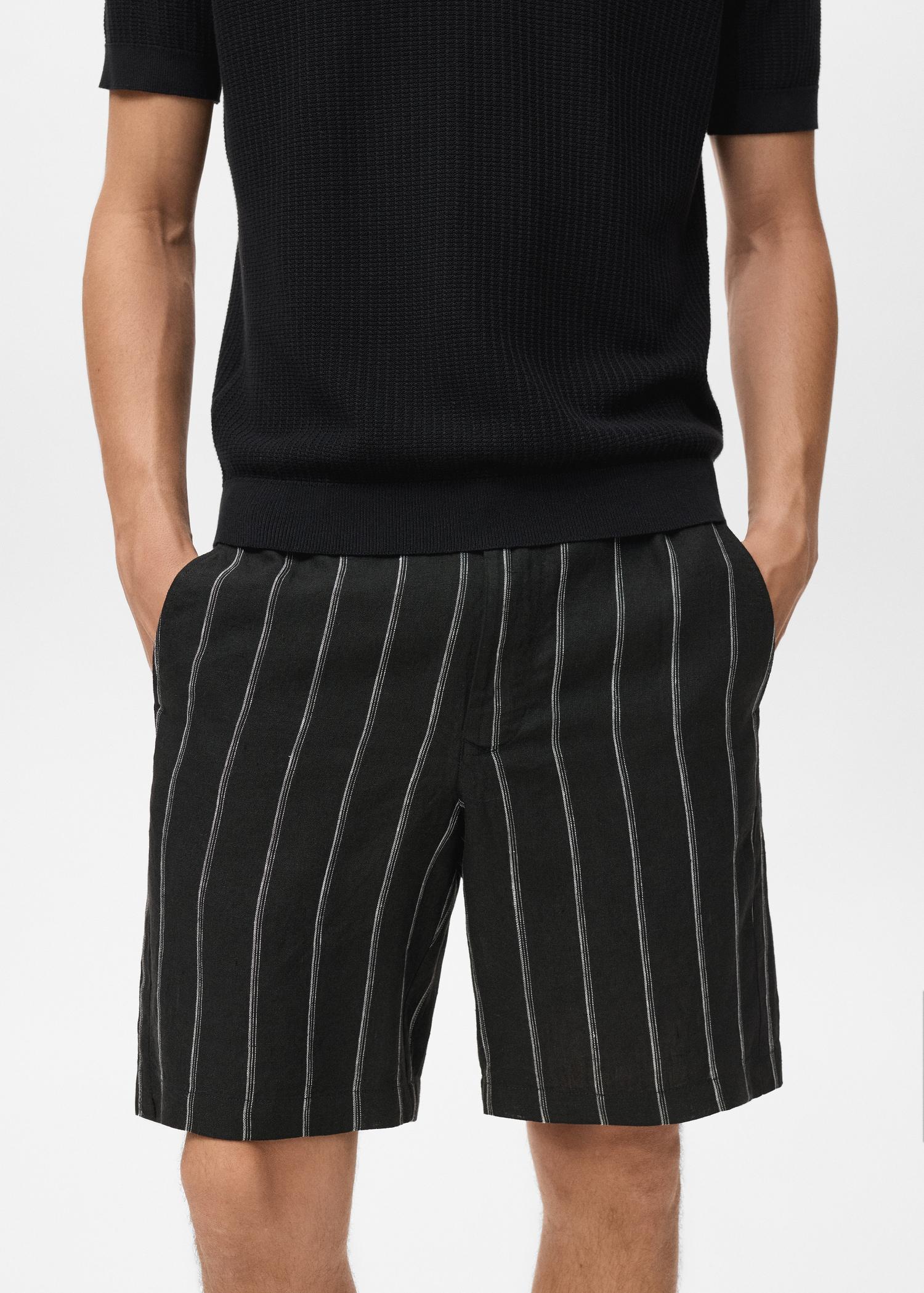 Striped linen-blend Bermuda shorts - Men | MANGO USA Product Image