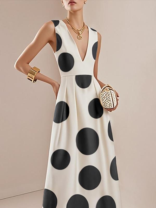 A-Line High Waisted Pleated Polka-Dot V-Neck Maxi Dresses Product Image