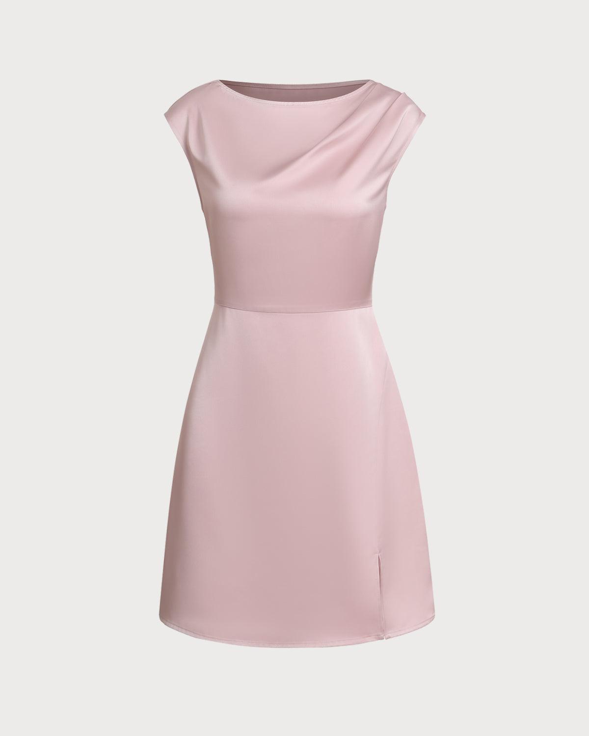 Pink Boat Neck Satin Mini Dress Product Image