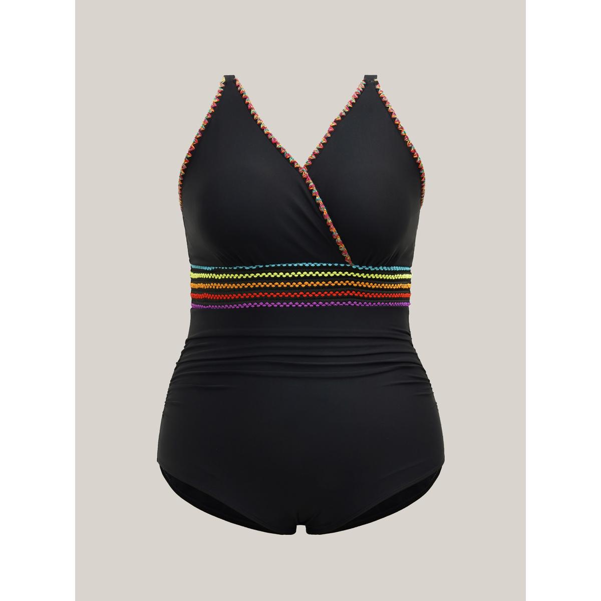 Plus Size Embroidered Pleated Webbed One-Piece Swimsuit Women's Swimwear Black Beach Woven ribbon&lace trim Curve Bathing Suits High stretch One Pieces BloomChic 18-20/2X Product Image