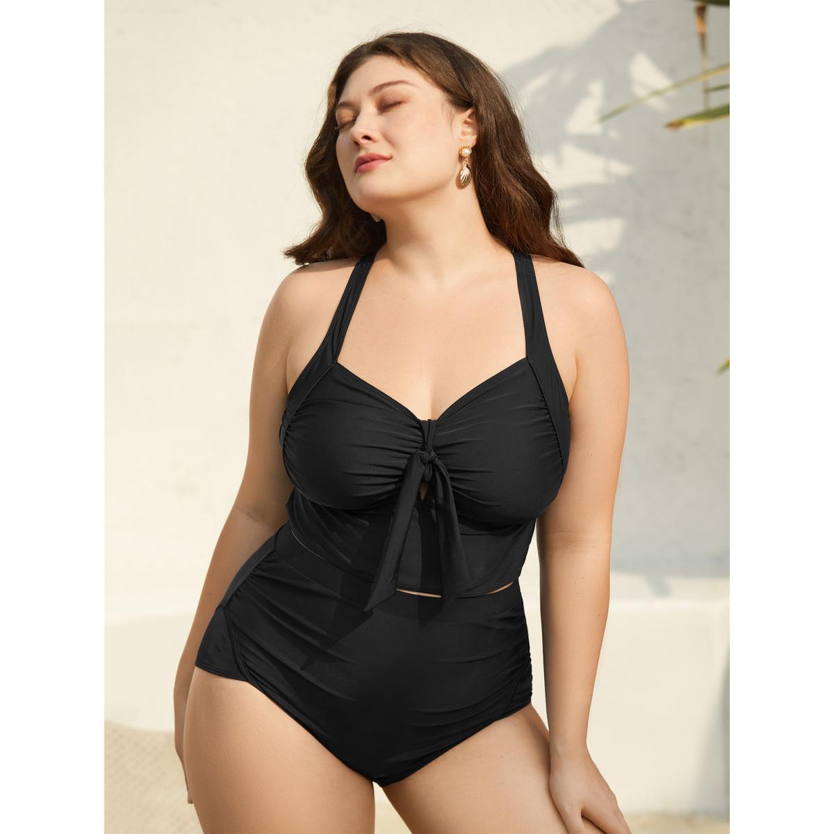 Plus Size Bow-Tie Adjustable Front Ruched Swim Top Women's Swimwear Black Beach Gathered High stretch Skinny Heart neckline Curve Swim Tops BloomChic 30/6X Product Image