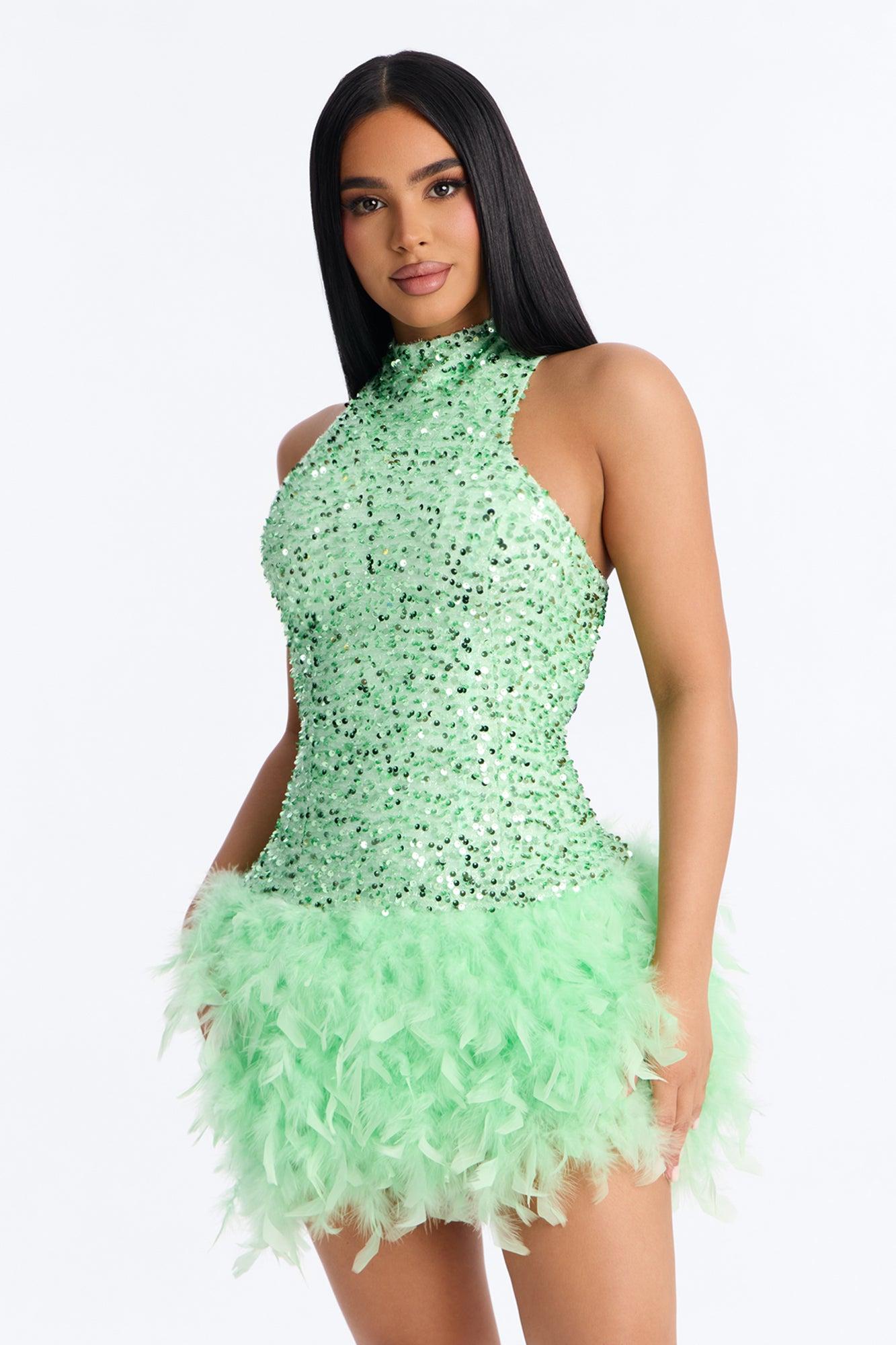 Zoey Feathered Sequin High Neck Mini Dress - Mint Female Product Image